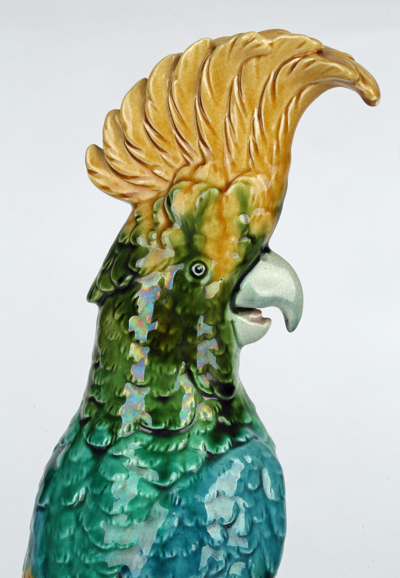 19th Century Continental Majolica Pottery Figure of a Cockatoo on a Perch