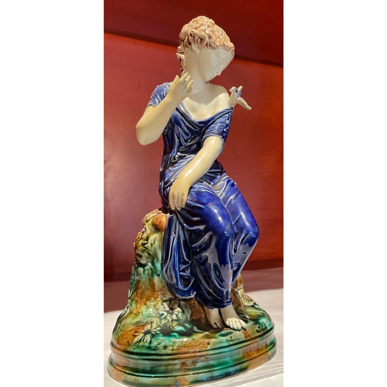 Continental Majolica Pottery Figure of a Lady and Bird, 19th Century For Sale 1