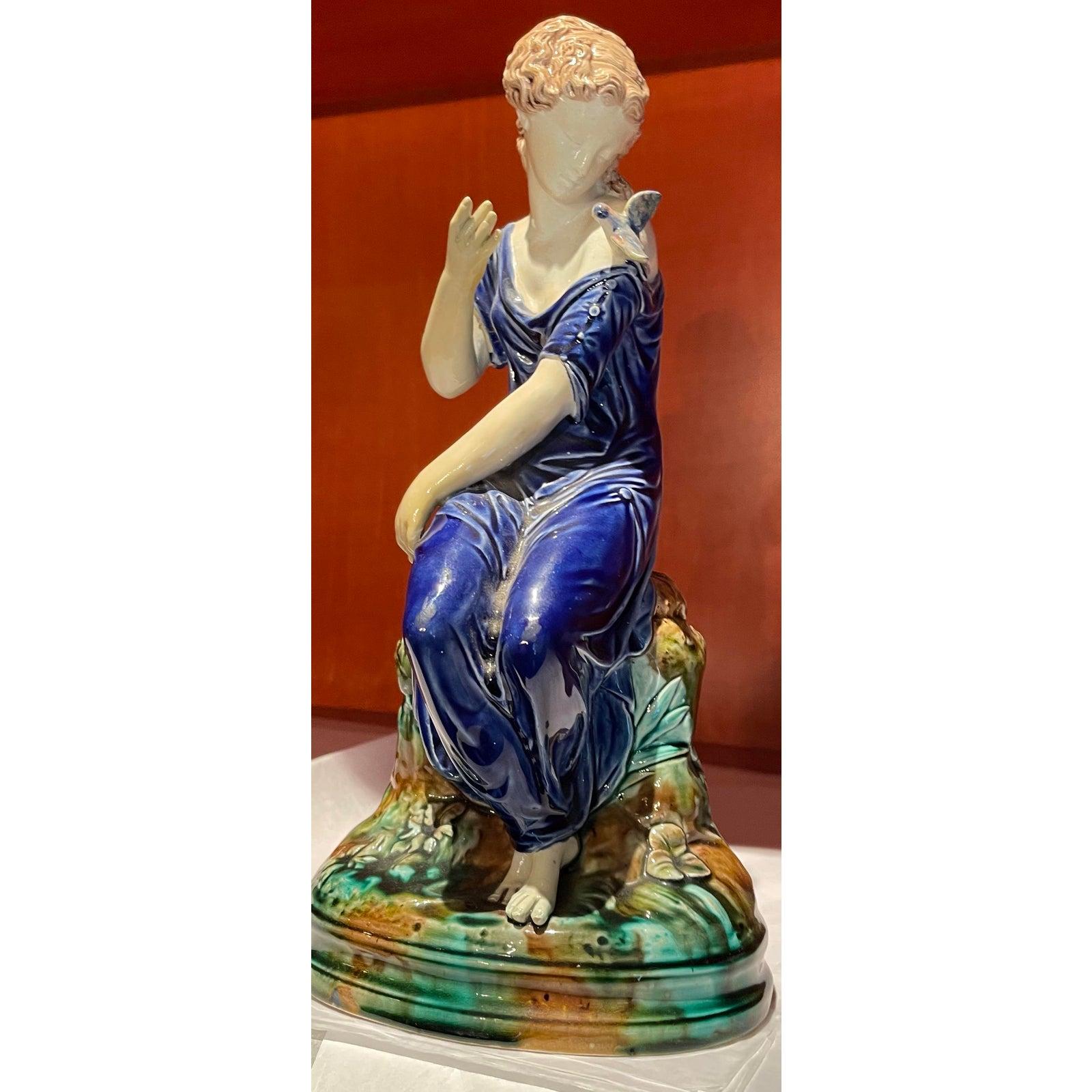 Continental Majolica Pottery Figure of a Lady and Bird, 19th Century For Sale 3