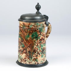 Continental Marbled Agate Creamware Pottery Tankard with Pewter Cover