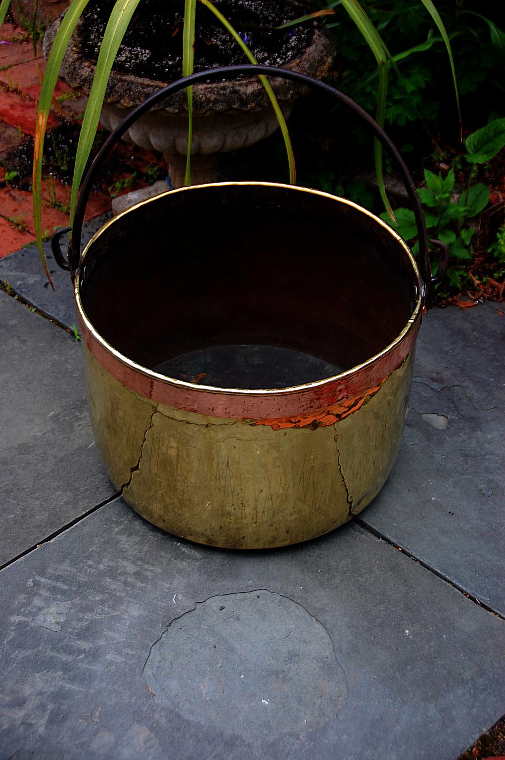 French Provincial Continental Mid 19th Century Brass Cauldron with Wrought Iron Handle