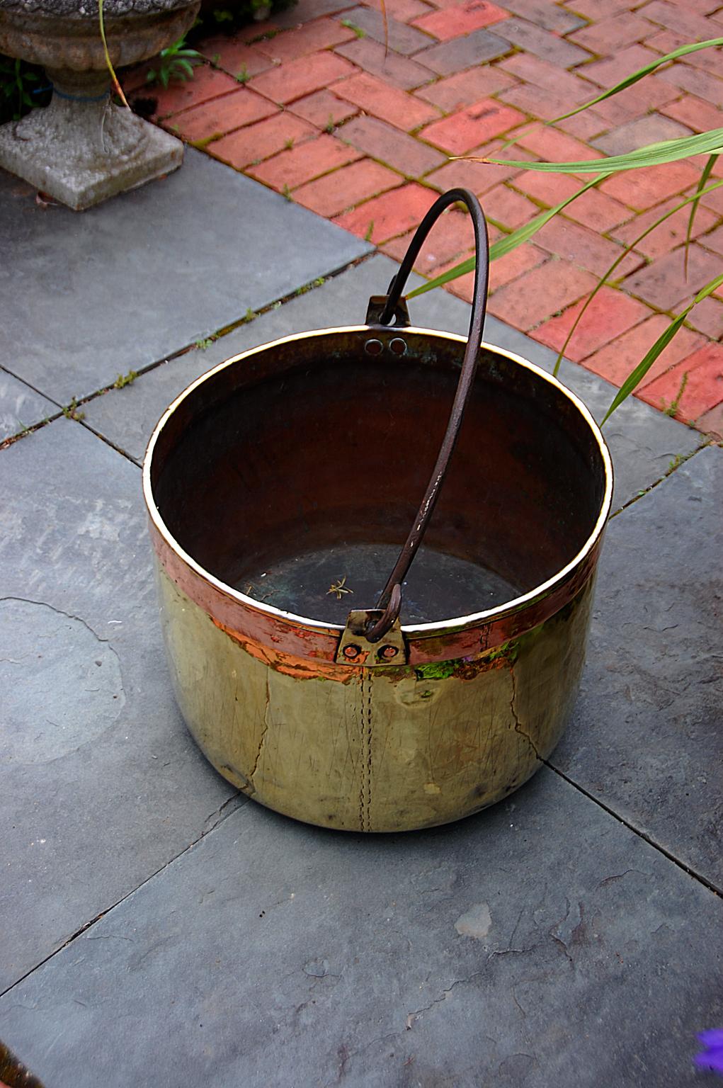 French Continental Mid 19th Century Brass Cauldron with Wrought Iron Handle