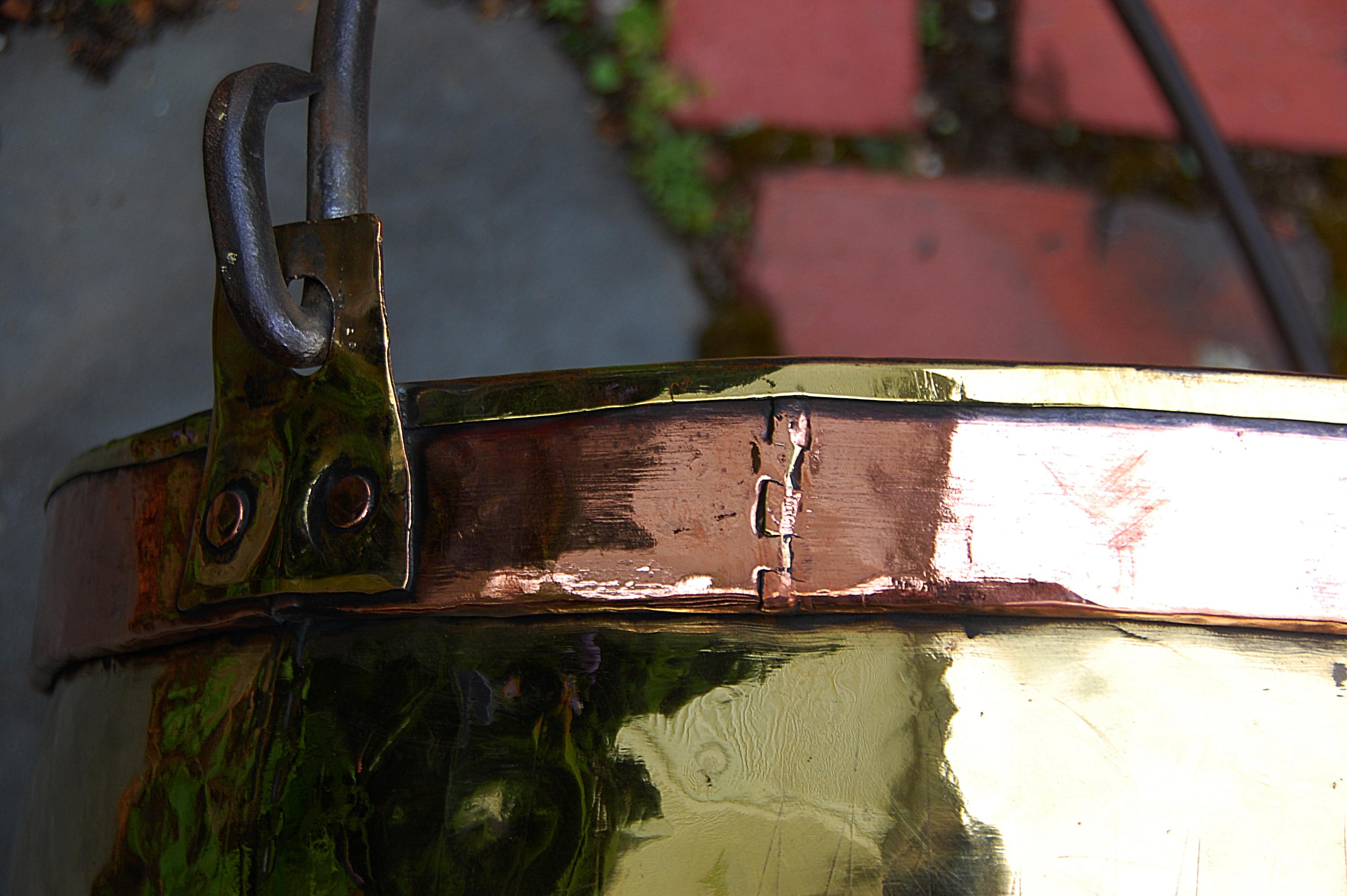 Continental Mid 19th Century Brass Cauldron with Wrought Iron Handle 1