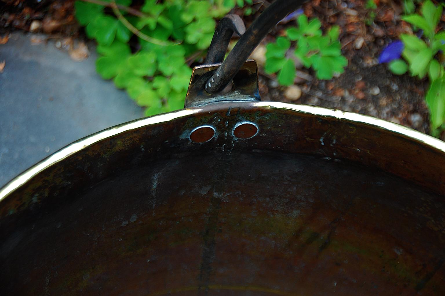 Continental Mid 19th Century Brass Cauldron with Wrought Iron Handle 3