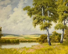 Large Mid 20th Century European Signed Oil Painting Golden Green Meadows