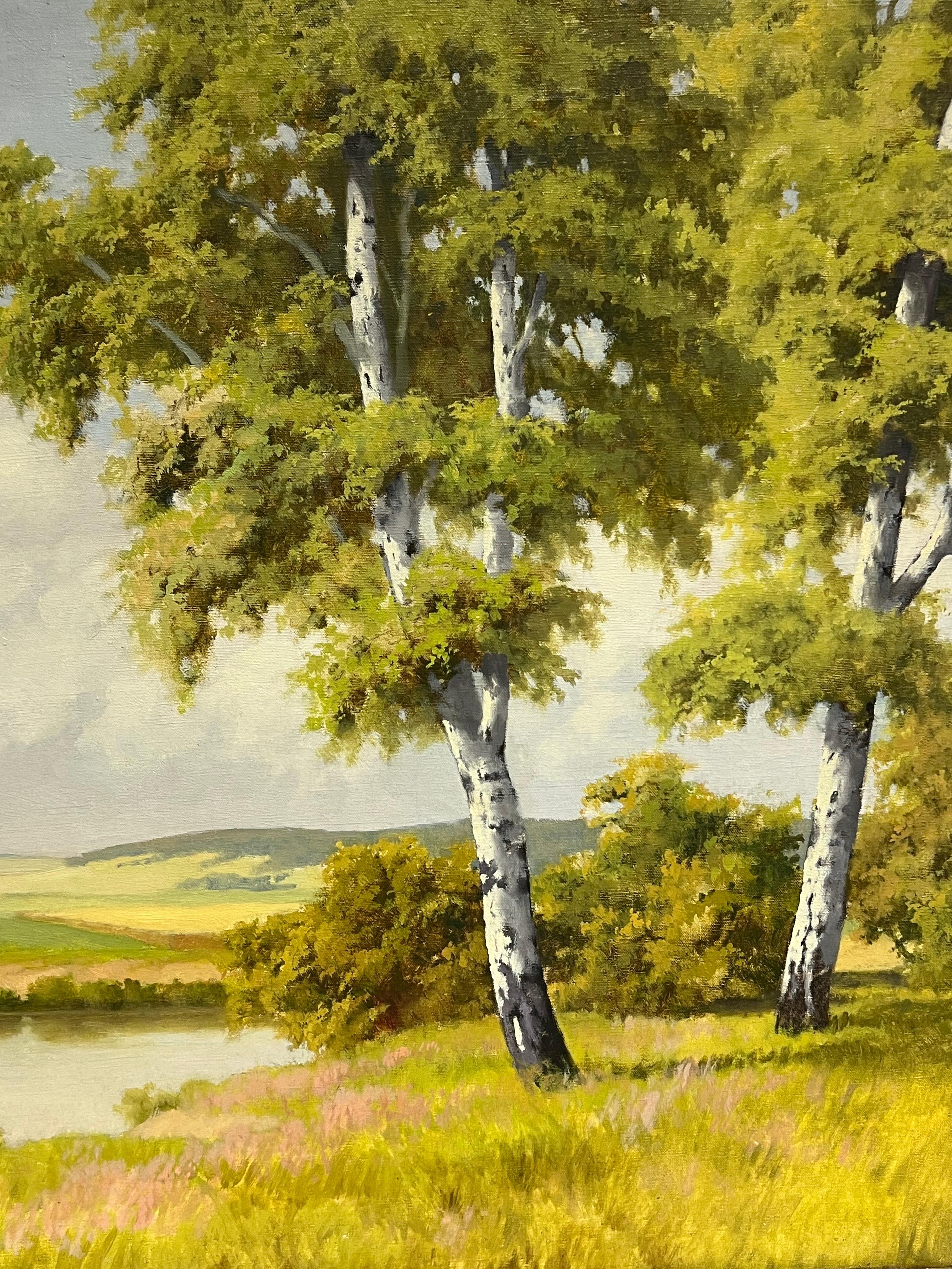 Goldenes Licht in den Sommerwiesen
Europäischer Künstler, Mitte des 20. Jahrhunderts
signiertes Öl auf Leinwand, gerahmt
Label verso
Gerahmt: 29 x 35 Zoll
Leinwand: 24 x 30 Zoll
Provenienz: Privatsammlung, Großbritannien
Condit: sehr guter Zustand