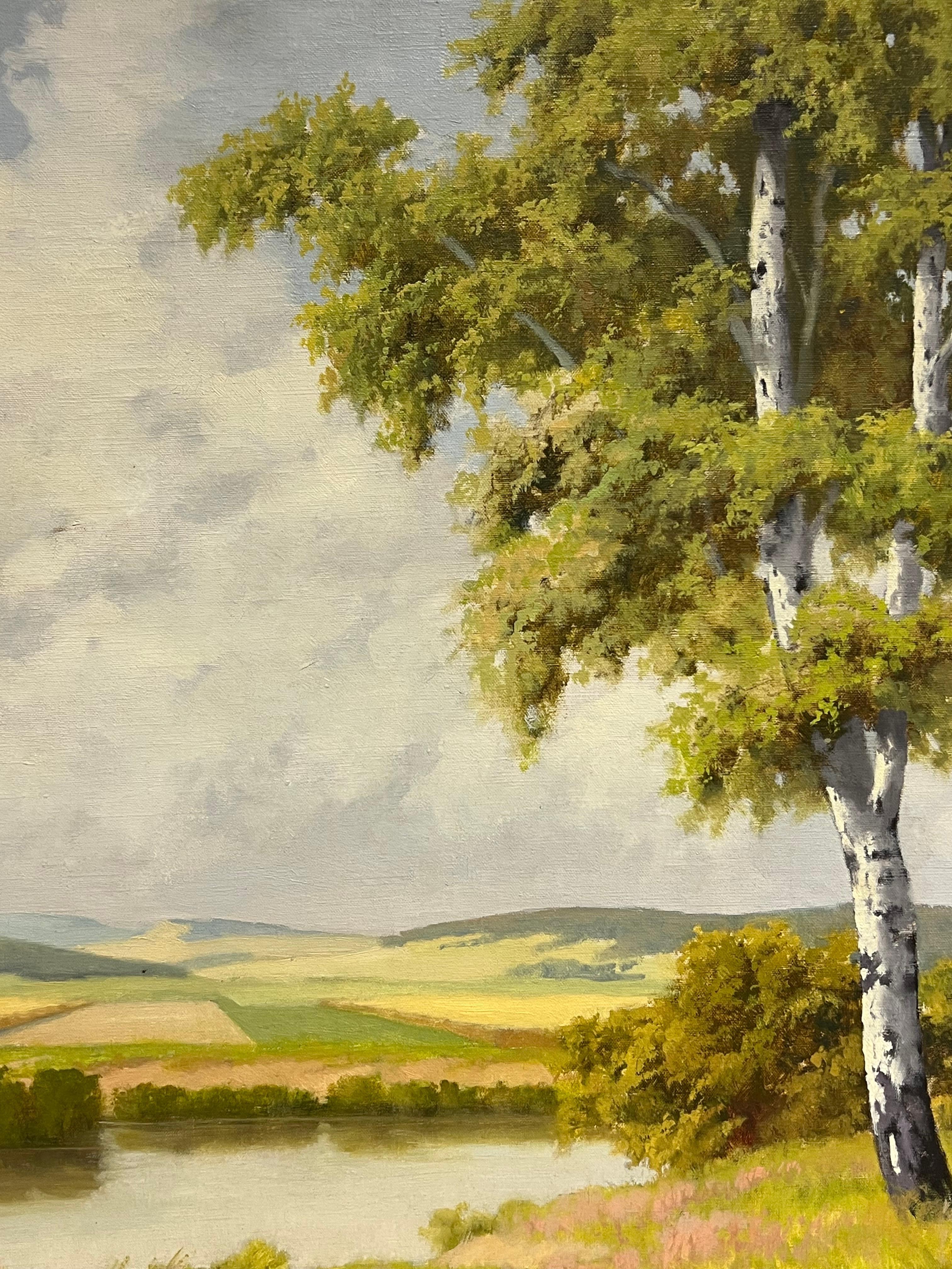 Large Mid 20th Century European Signed Oil Painting Golden Green Meadows im Angebot 1