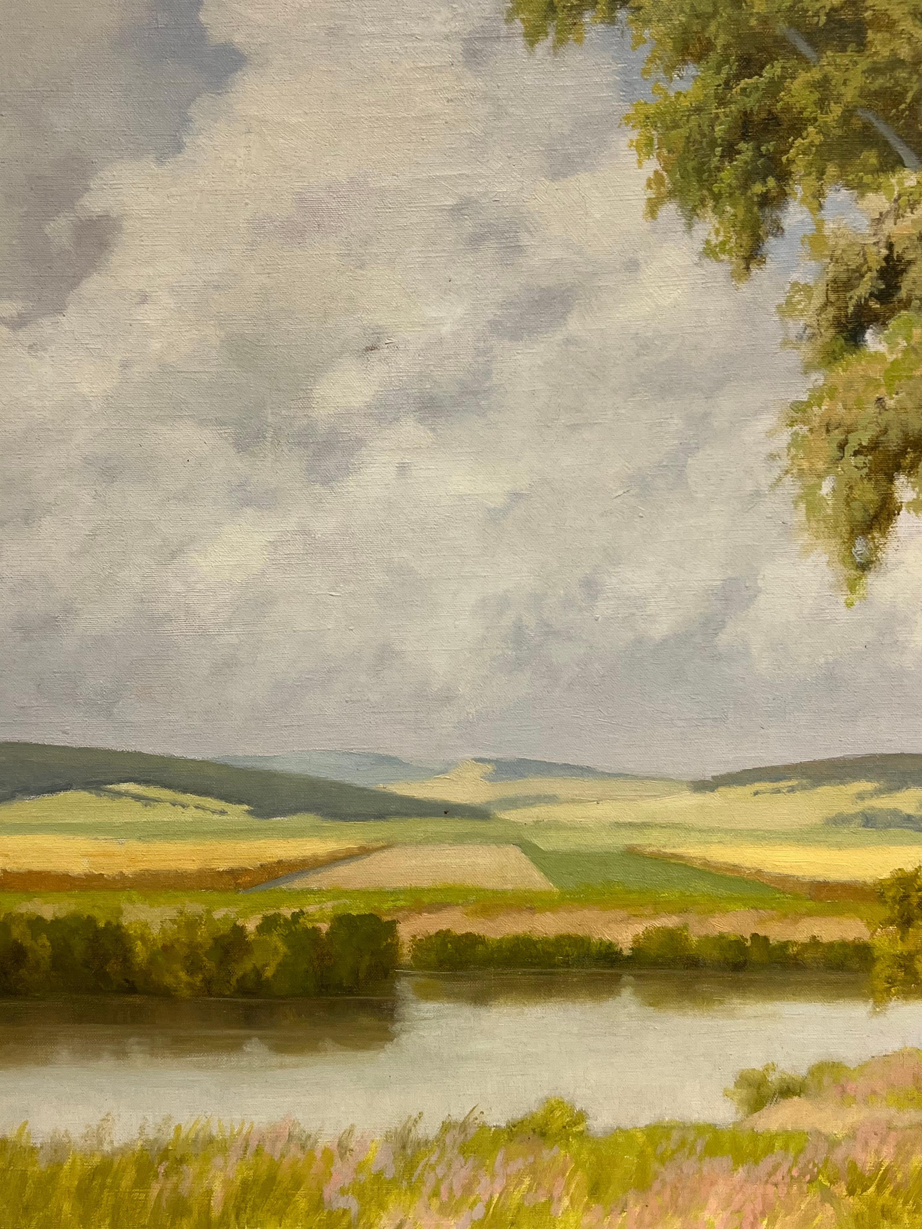 Large Mid 20th Century European Signed Oil Painting Golden Green Meadows im Angebot 2