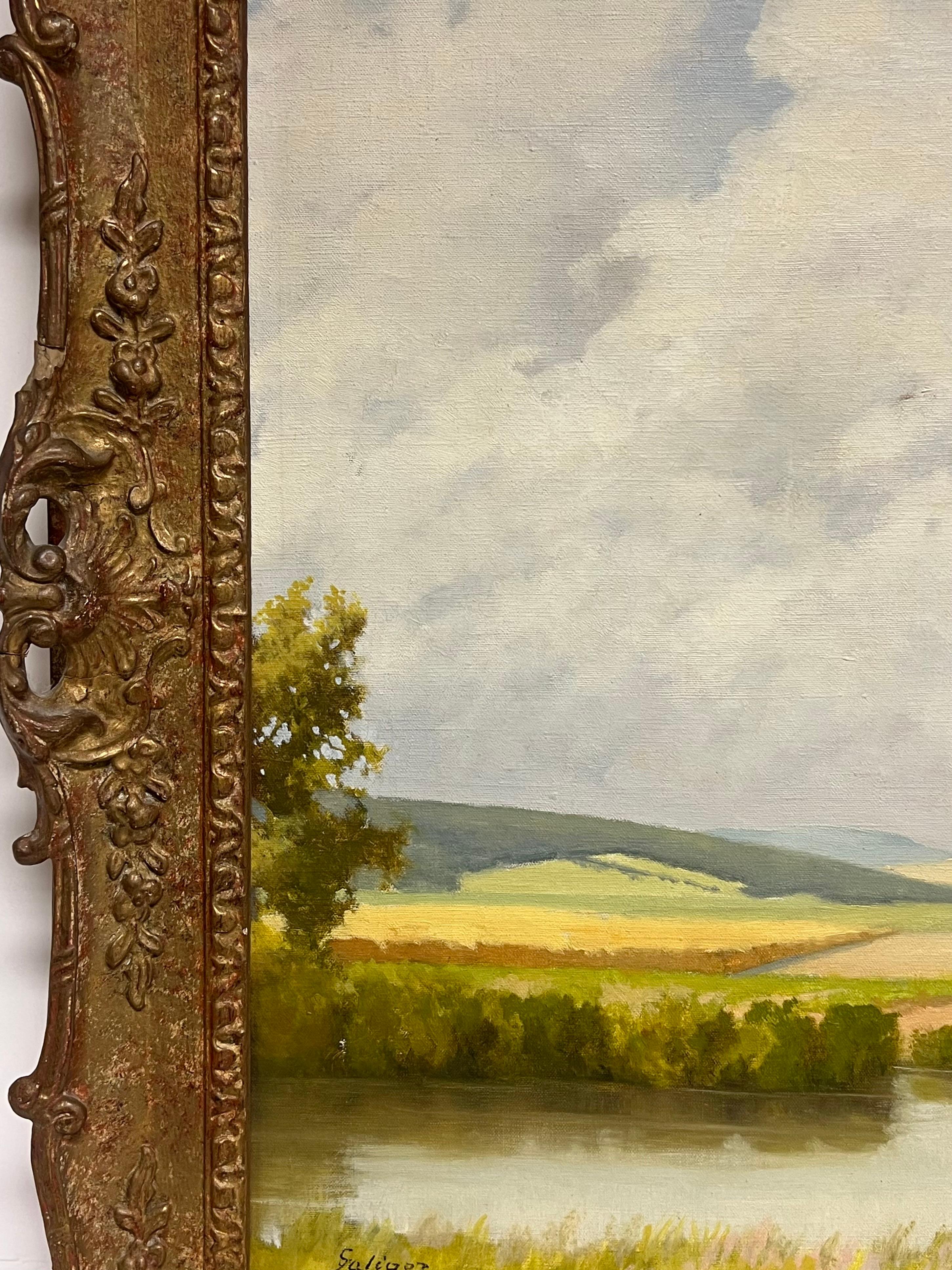 Large Mid 20th Century European Signed Oil Painting Golden Green Meadows im Angebot 3