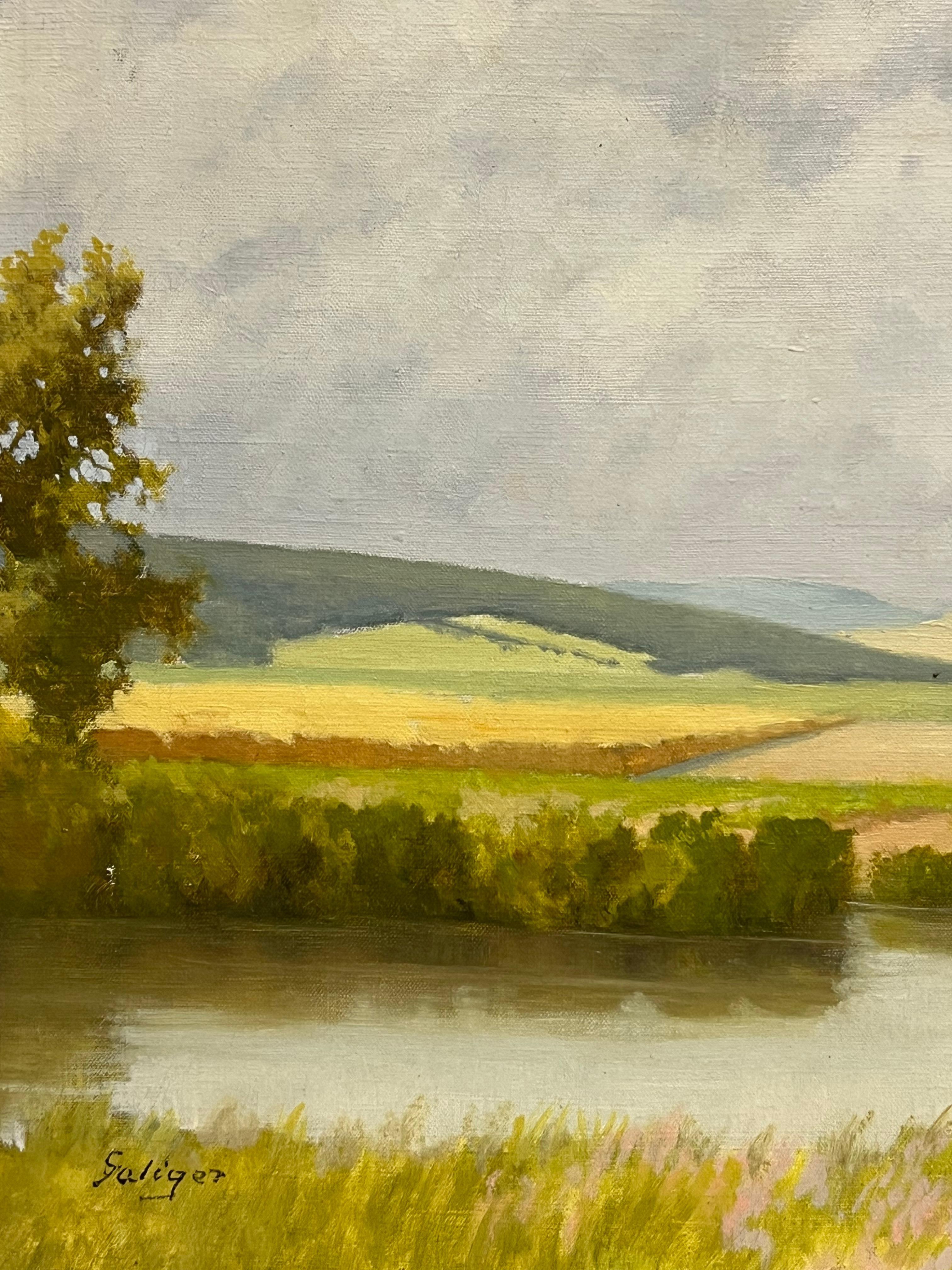 Large Mid 20th Century European Signed Oil Painting Golden Green Meadows im Angebot 4