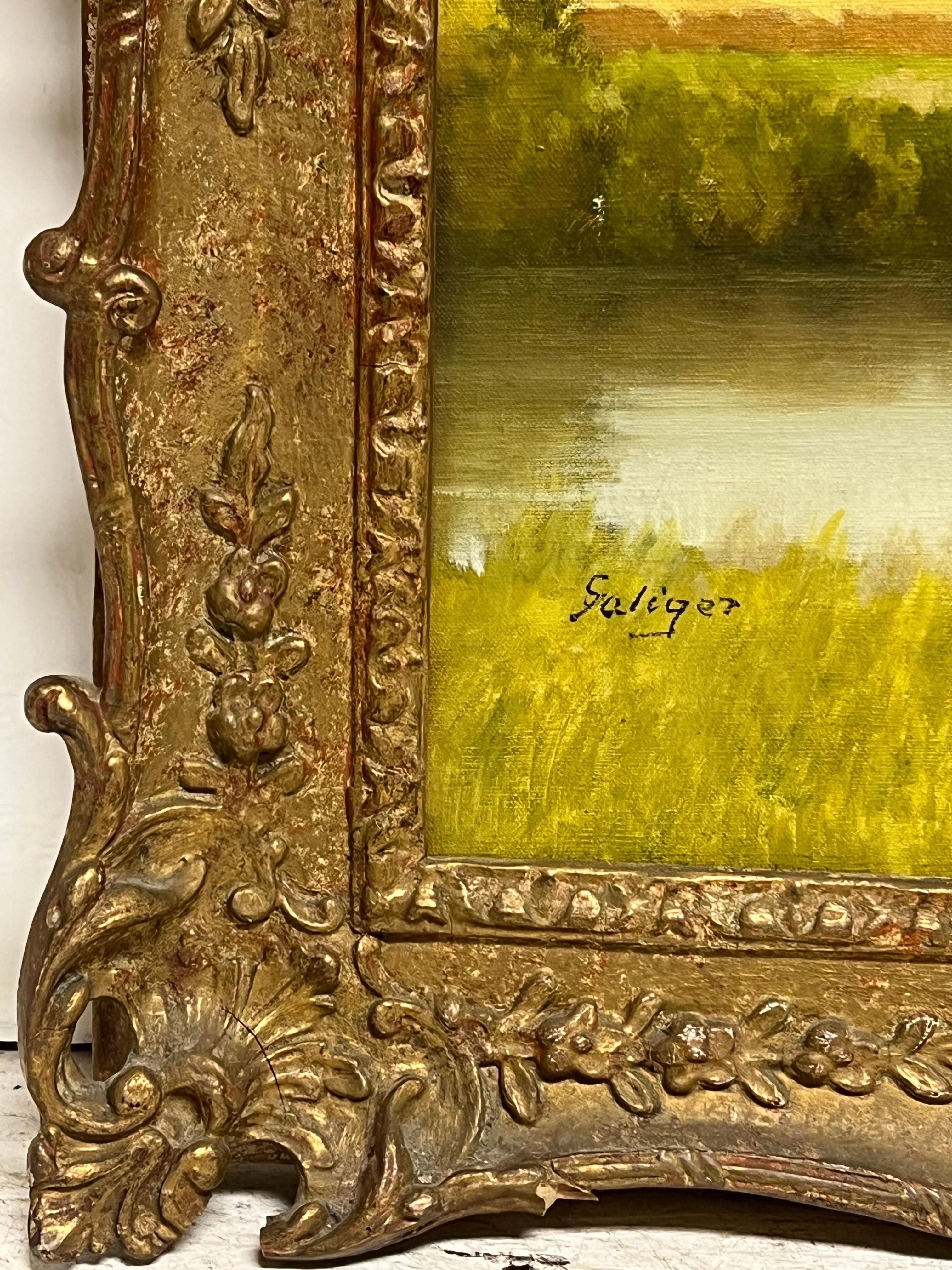 Large Mid 20th Century European Signed Oil Painting Golden Green Meadows im Angebot 5