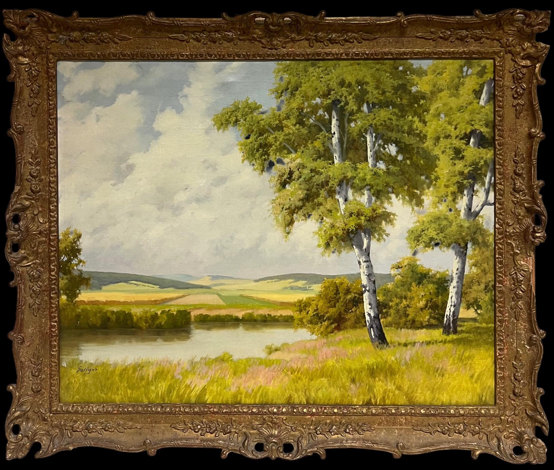 Continental mid 20th century Landscape Painting – Large Mid 20th Century European Signed Oil Painting Golden Green Meadows