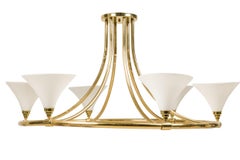 Continental Mid-Century Monumental Brass and White Glass 6-Light Chandelier