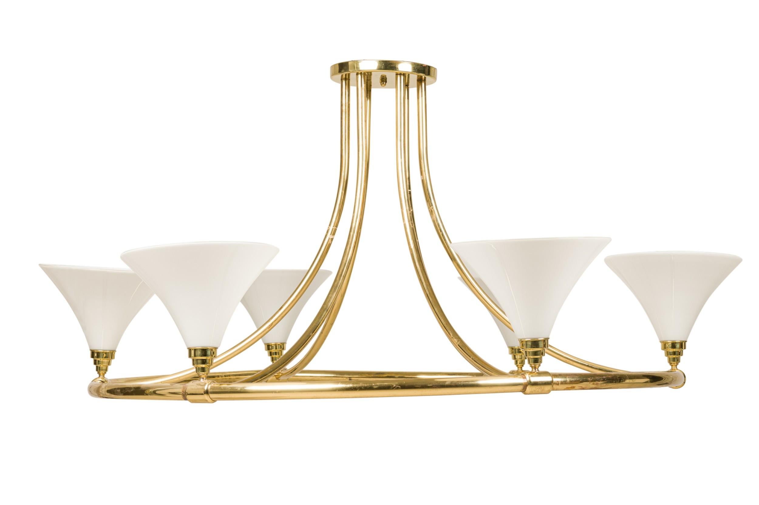 Mid-Century Modern Continental Mid-Century Monumental Brass and White Glass 6-Light Chandelier For Sale