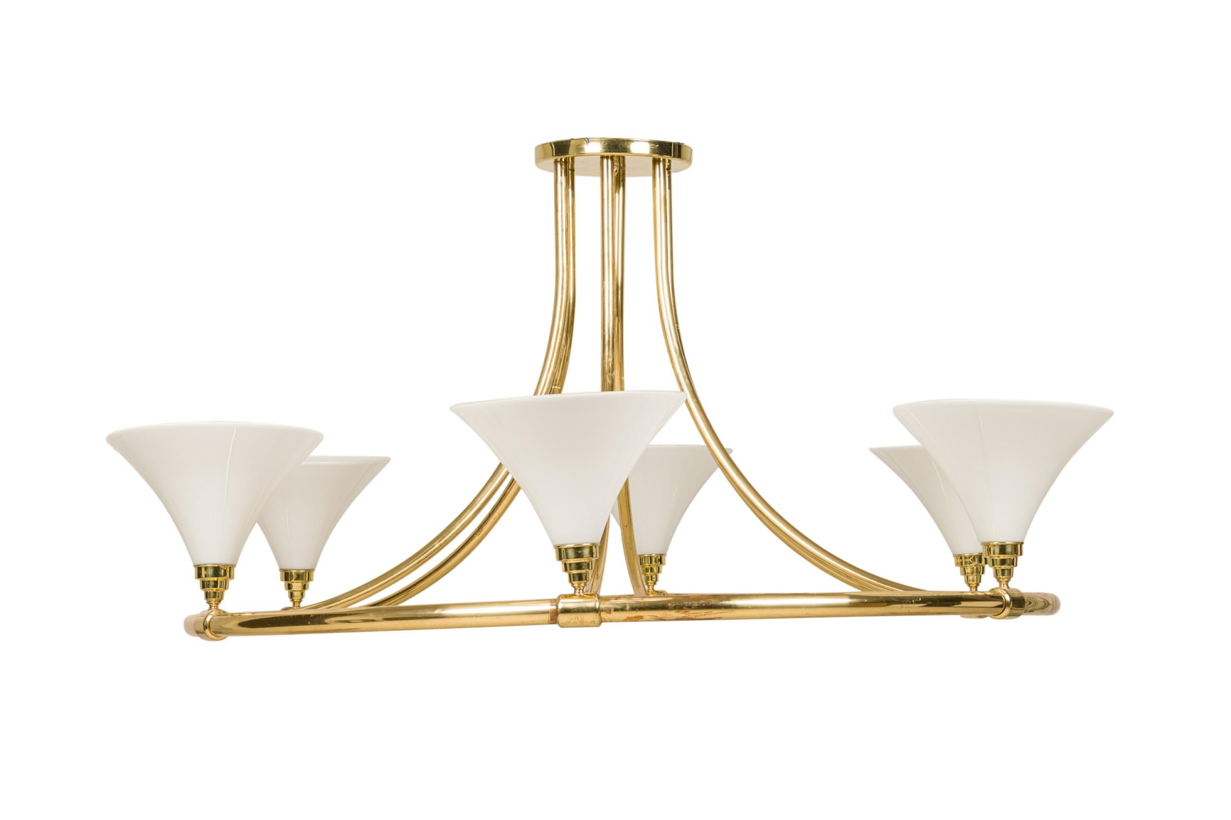 European Continental Mid-Century Monumental Brass and White Glass 6-Light Chandelier For Sale