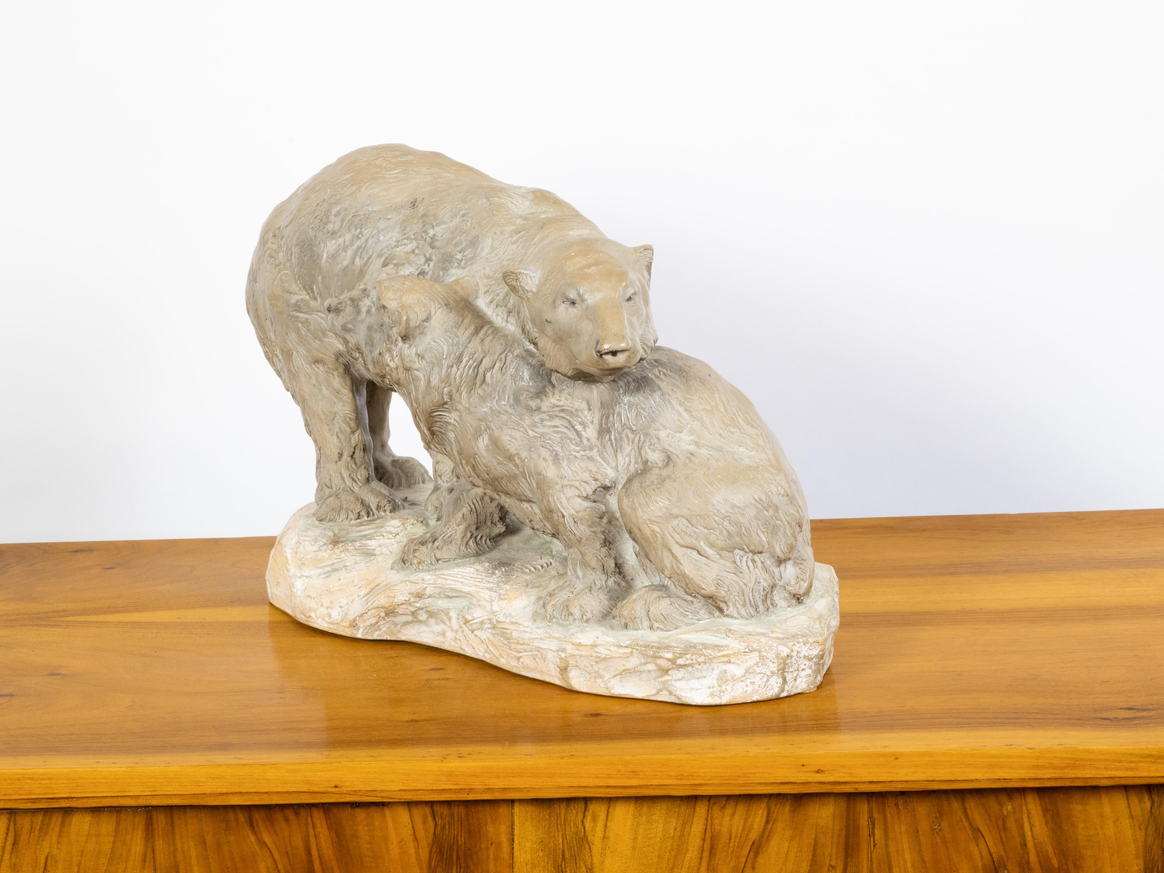 Continental Midcentury Terracotta Sculpture Depicting Two Bears on a Base For Sale 4