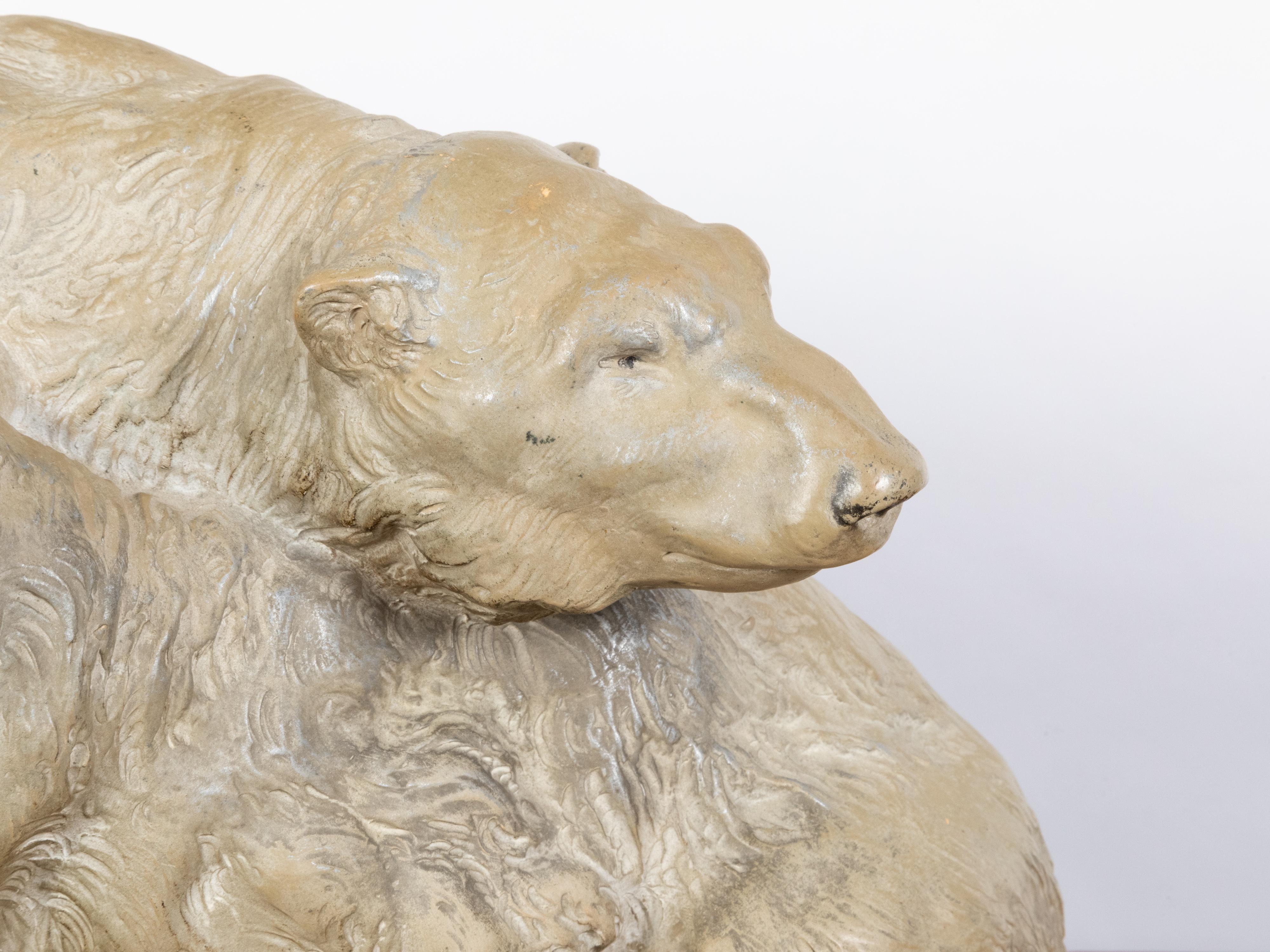 European Continental Midcentury Terracotta Sculpture Depicting Two Bears on a Base For Sale