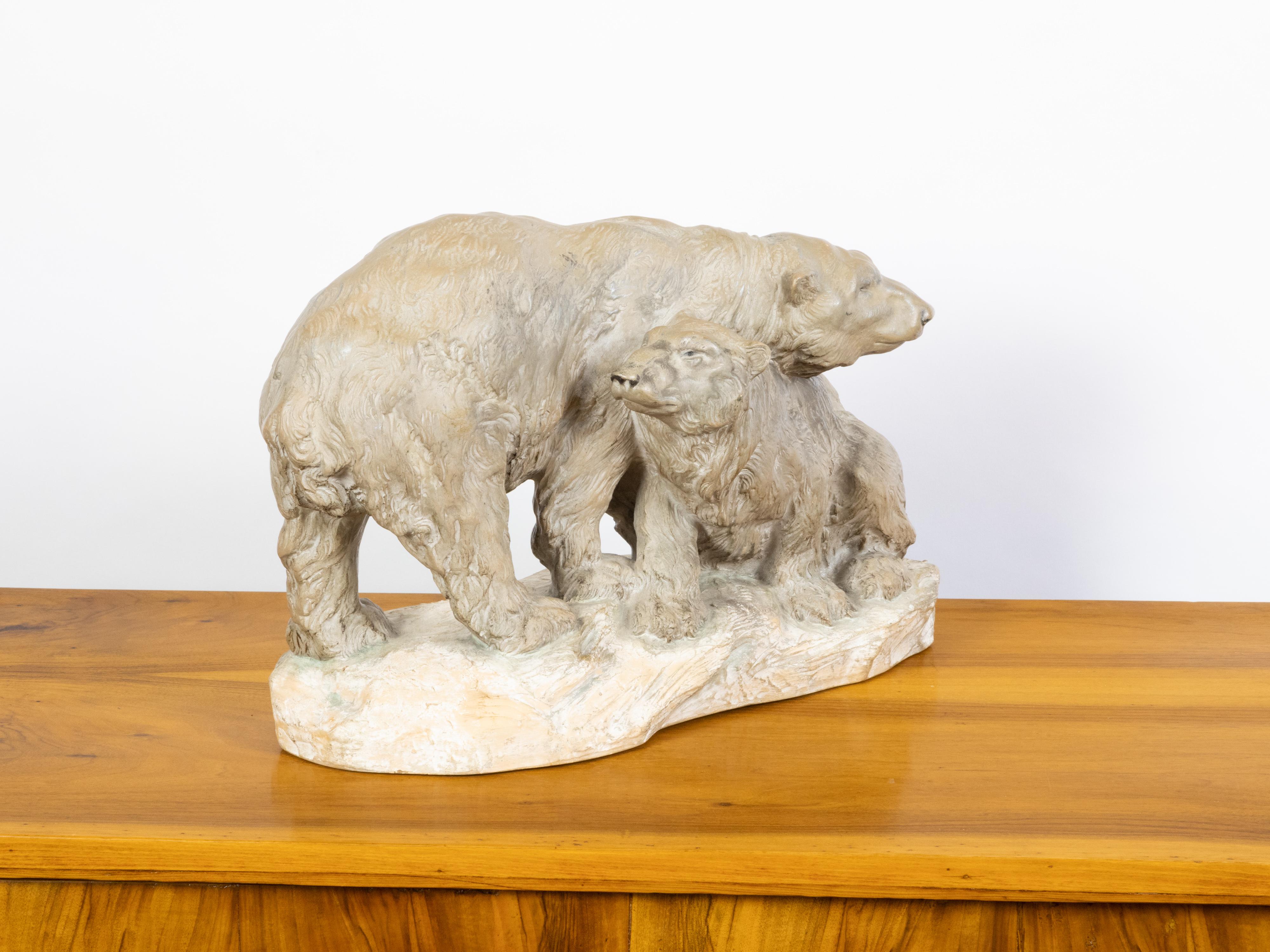 20th Century Continental Midcentury Terracotta Sculpture Depicting Two Bears on a Base For Sale