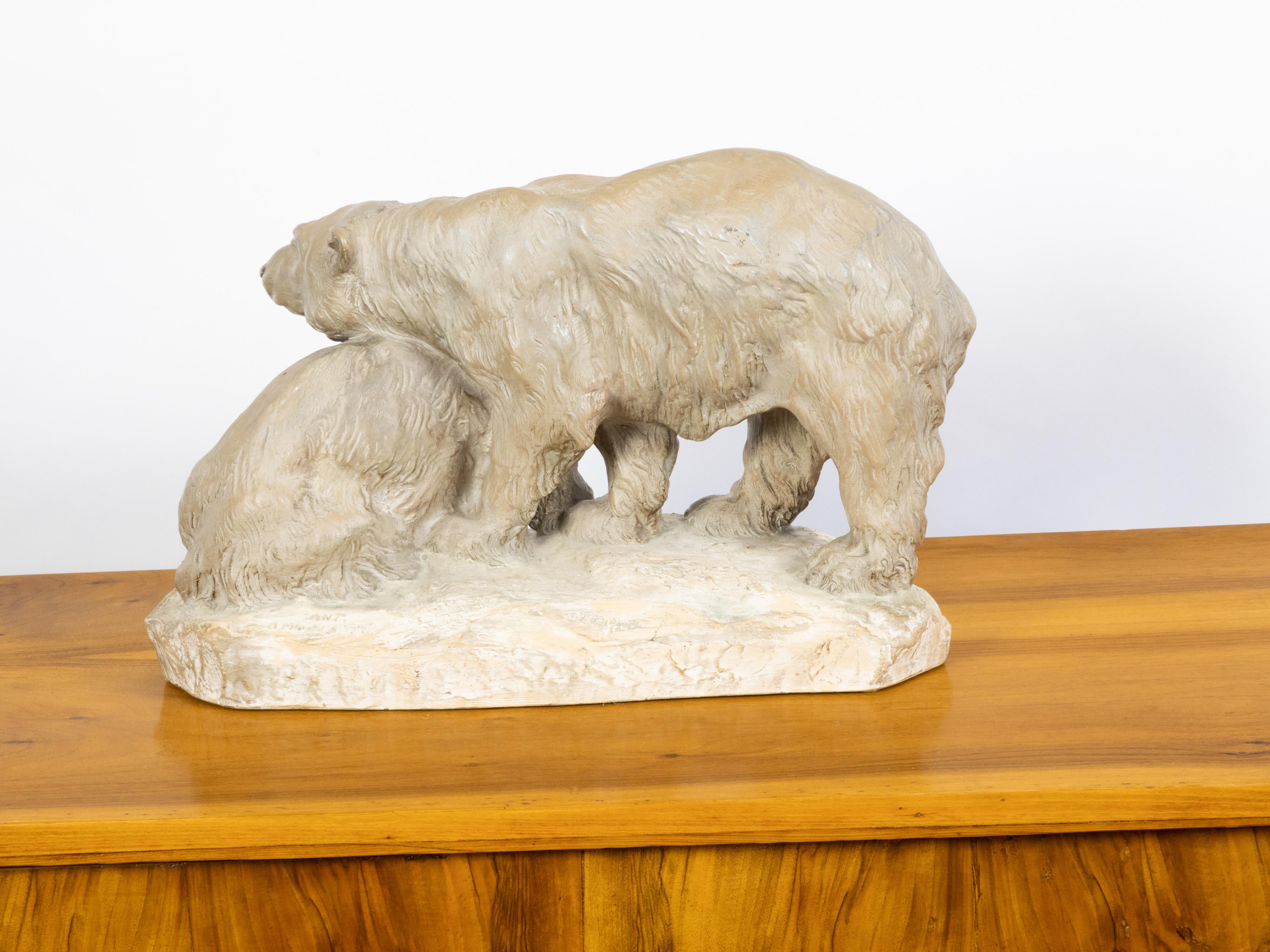 Continental Midcentury Terracotta Sculpture Depicting Two Bears on a Base For Sale 2
