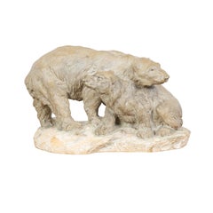 Vintage Continental Midcentury Terracotta Sculpture Depicting Two Bears on a Base
