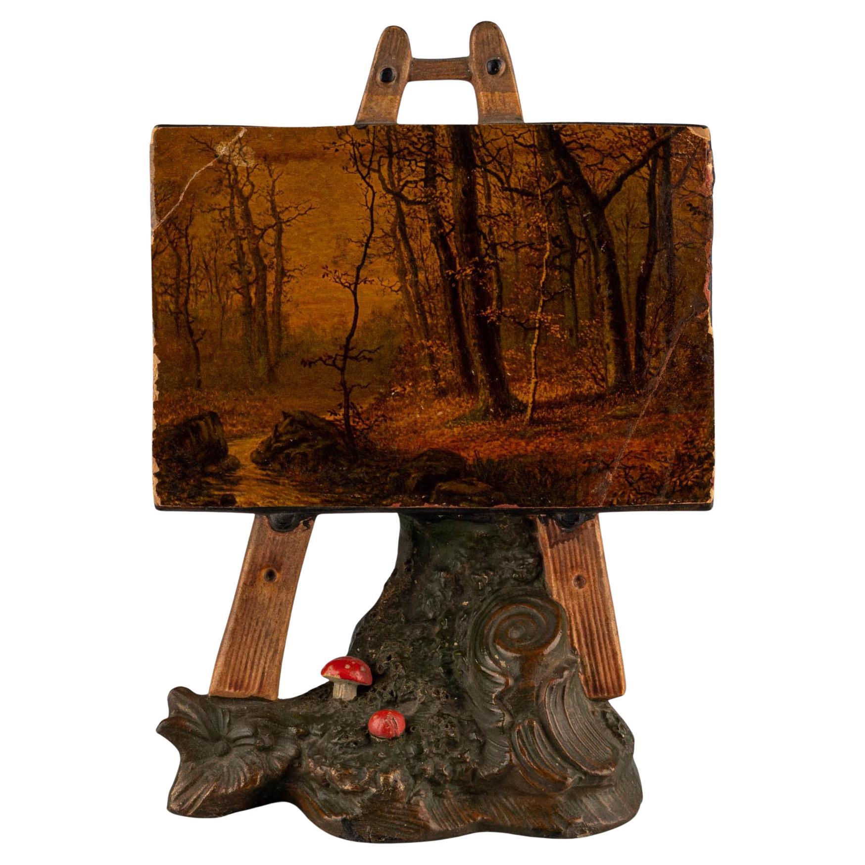 Chevalet miniature continental peinture à l
huile paysage forêt papier peint bronze en vente