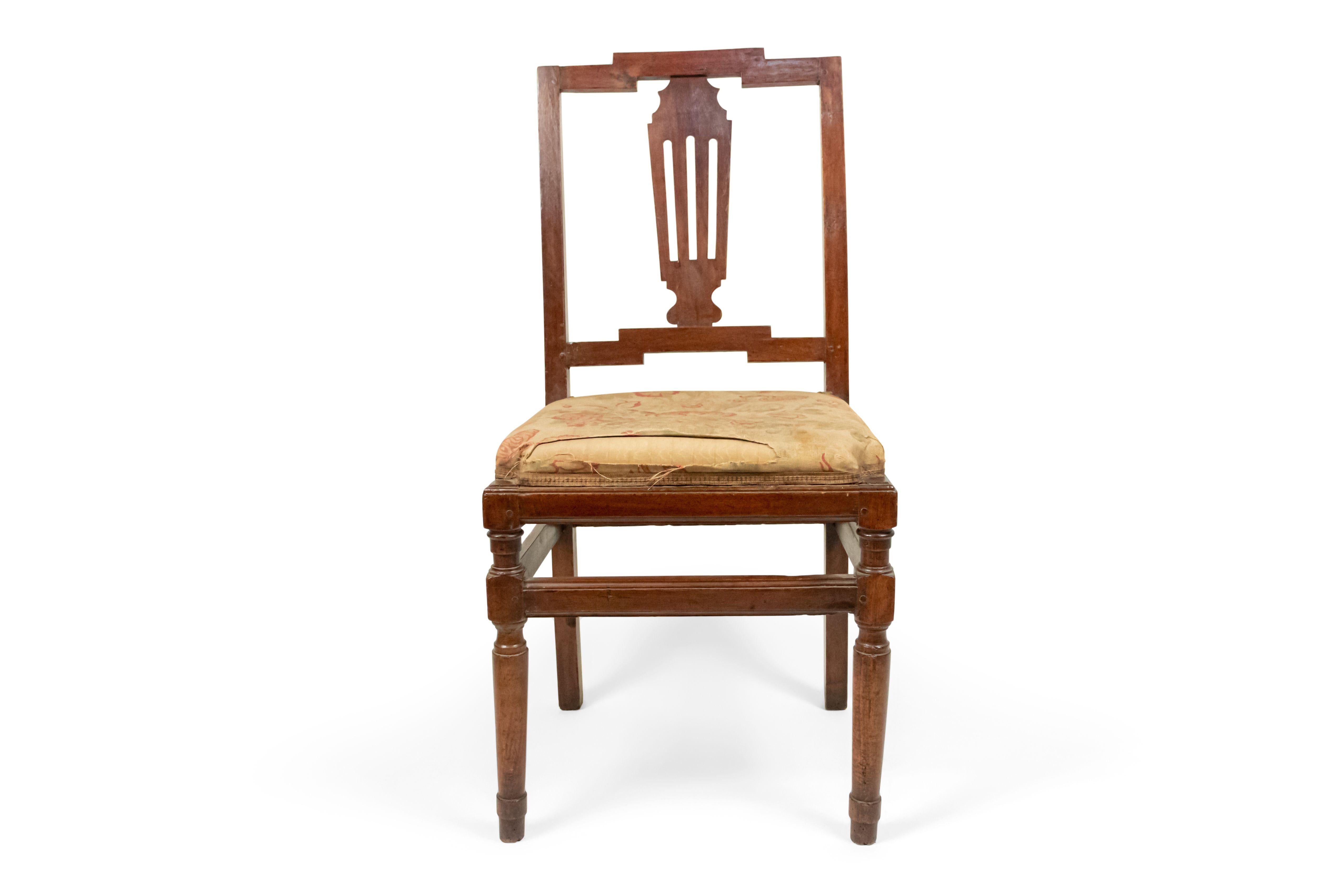 Pair of Continental neoclassic style mahogany side chairs with squared back and pierced vertical splat above turned legs. (possibly Italian, 19th century).