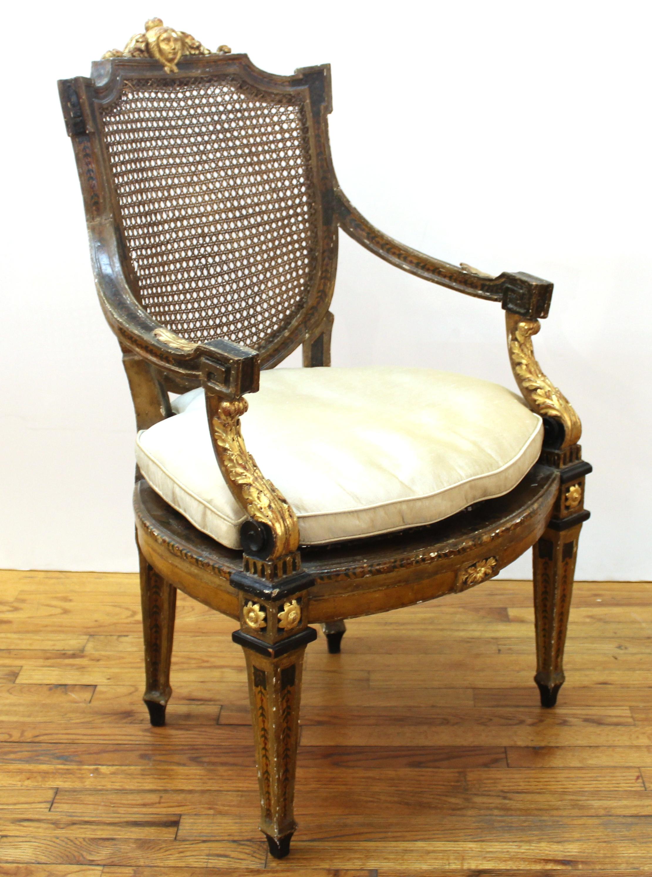 Continental Neoclassical Masque Carved & Parcel Gilt Arm Chair 3