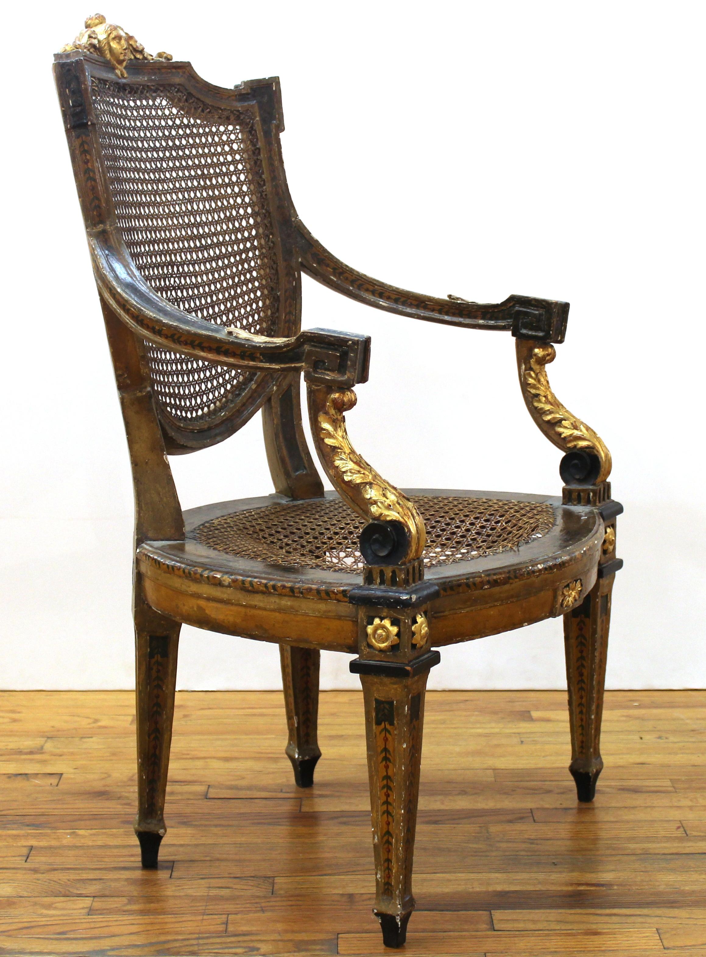 European Continental Neoclassical Masque Carved & Parcel Gilt Arm Chair