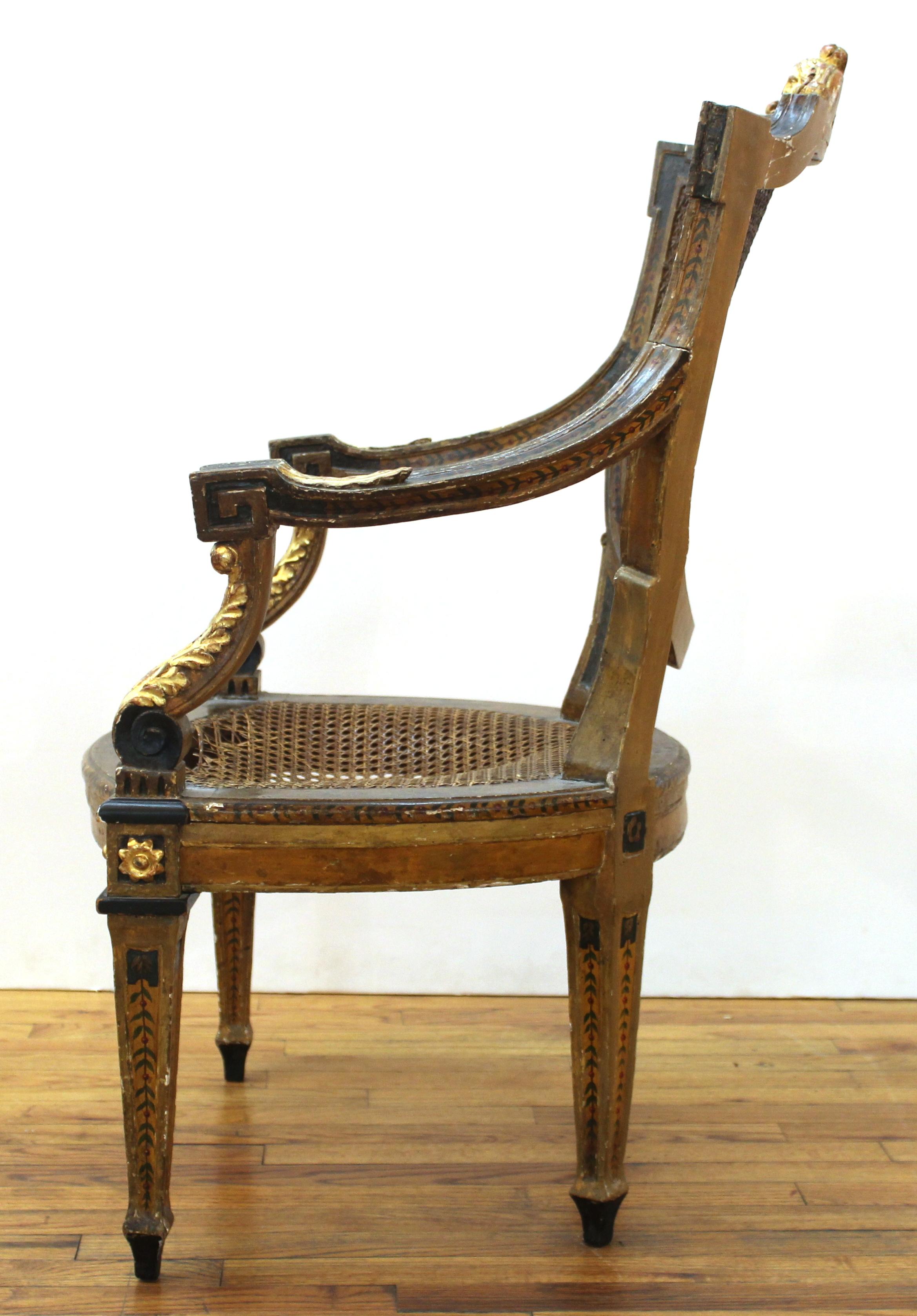 Continental Neoclassical Masque Carved & Parcel Gilt Arm Chair 1