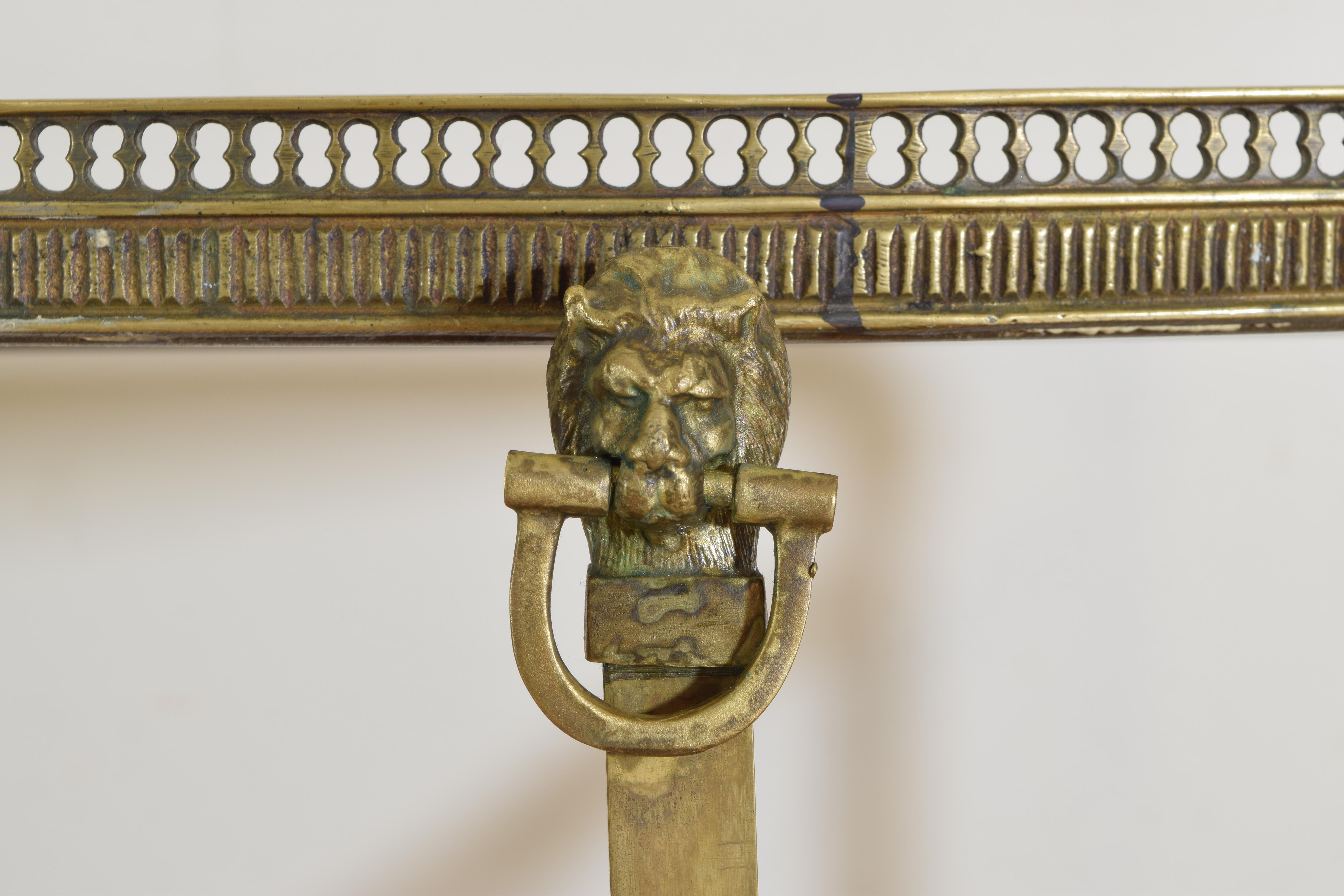 20th Century Continental Neoclassical Style Pair of Brass & Marble Demilune Console Tables