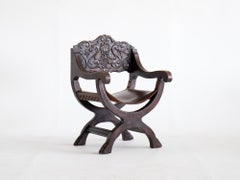Continental Oak & Leather X-Frame Armchair, Late 19th Century