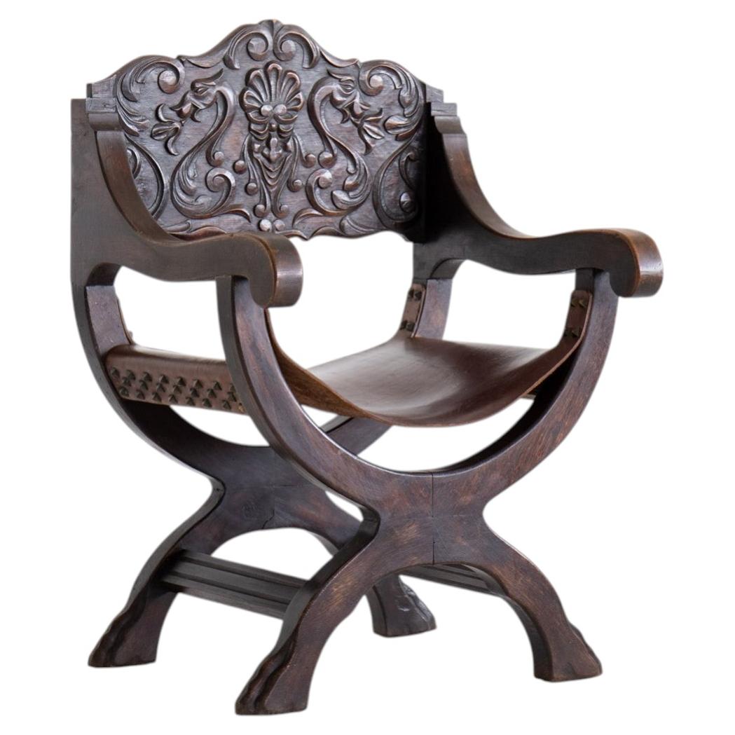Continental Oak & Leather X-Frame Armchair, Late 19th Century