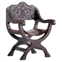 Continental Oak & Leather X-Frame Armchair, Late 19th Century