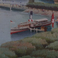 Continental Oil on Board City Harbor Scene Painting with Ship & Figure