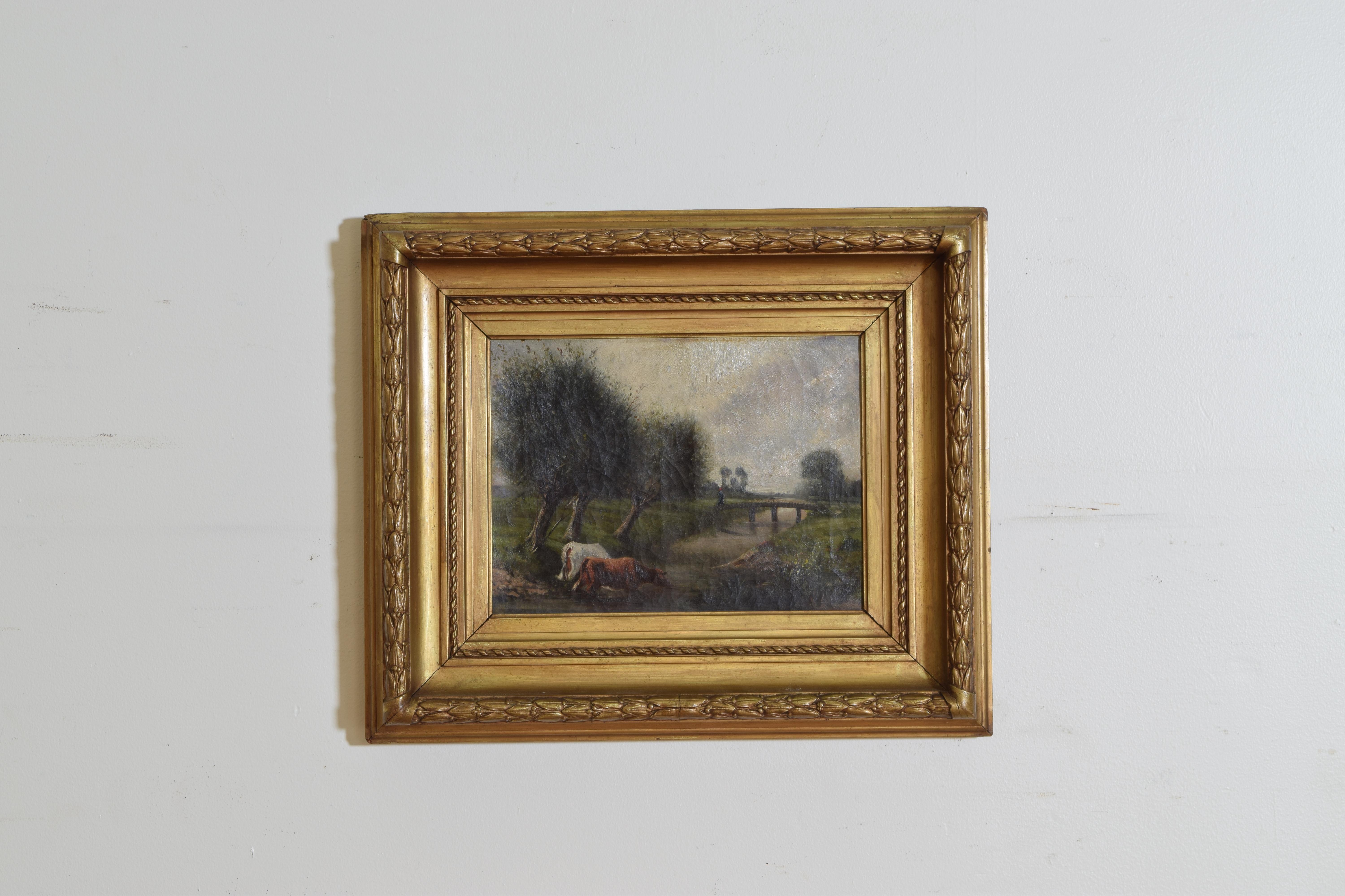 From the mid-19th century this painting depicts cows grazing in a meadow with a lone figure crossing a bridge in the middle ground.