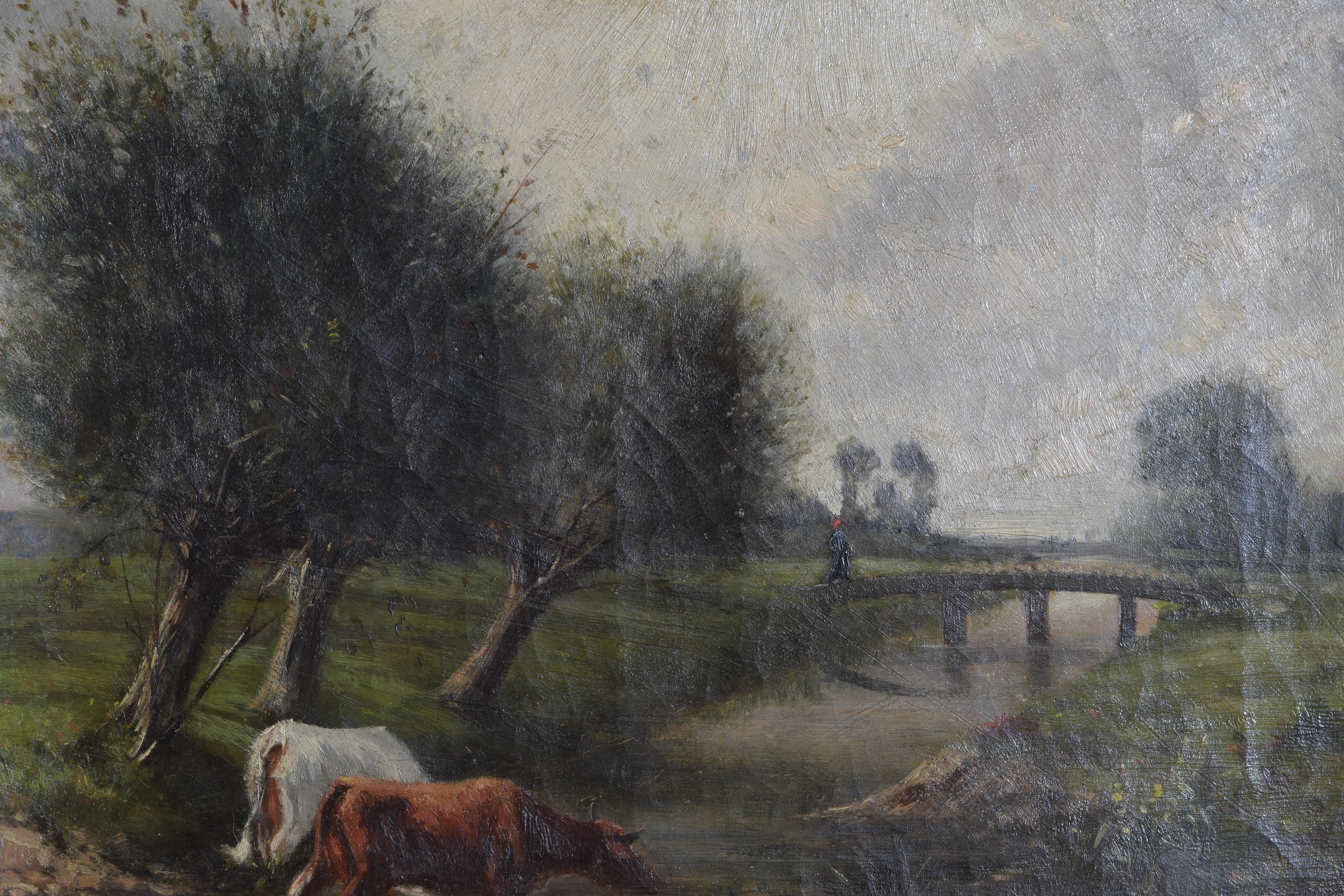 Continental Oil on Canvas, Cows Grazing at River, 19th Century In Excellent Condition In Atlanta, GA