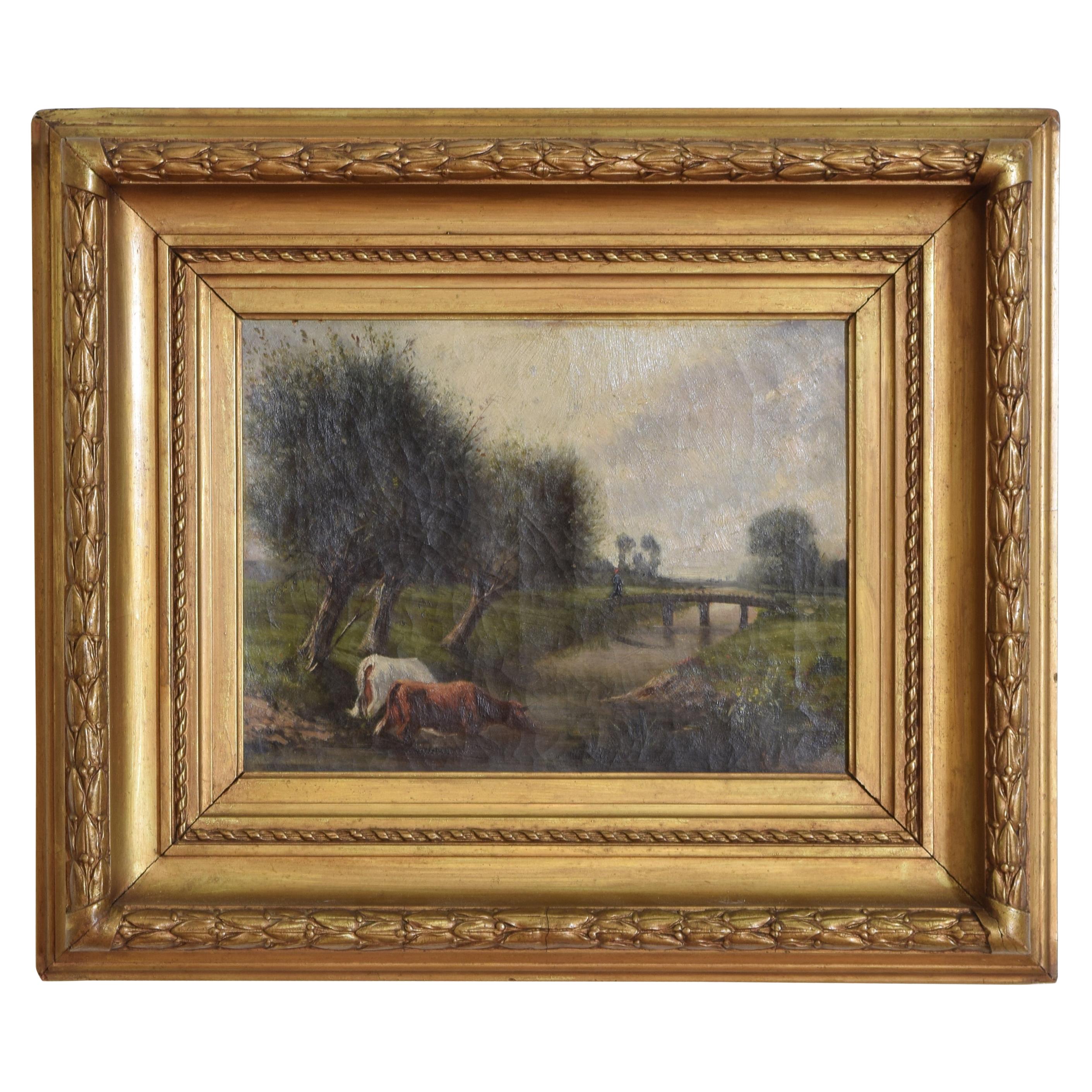 Continental Oil on Canvas, Cows Grazing at River, 19th Century