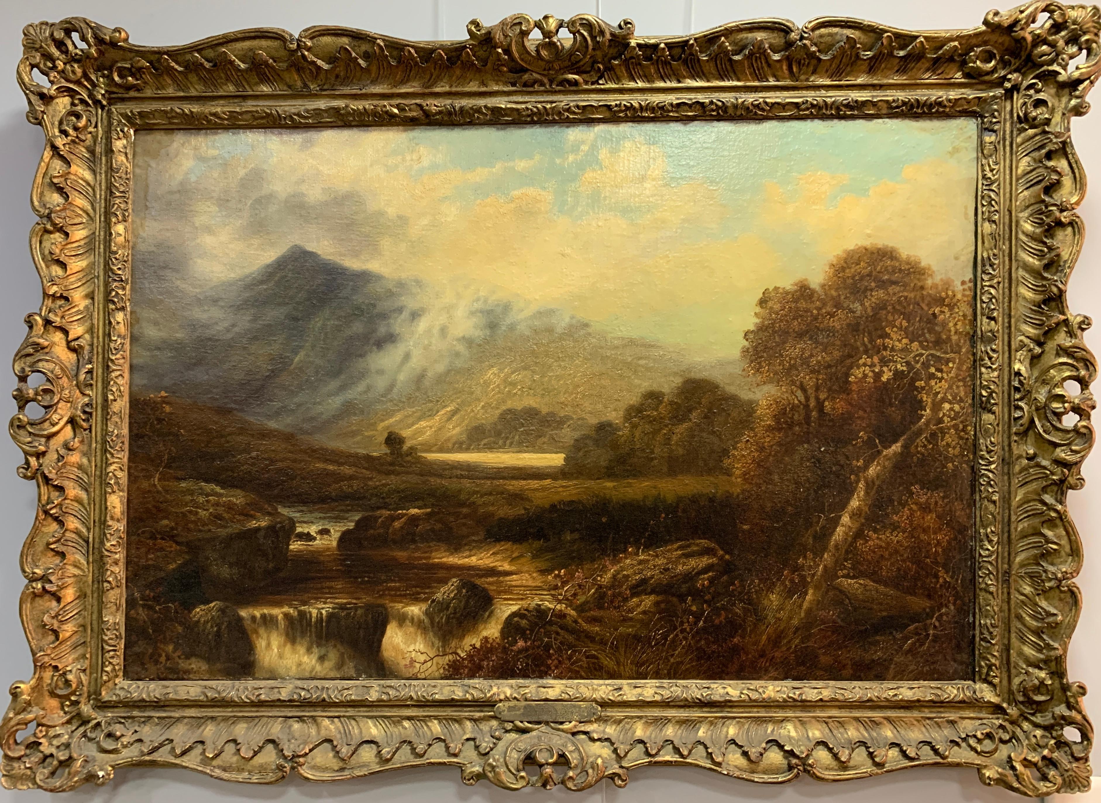 Fine 19th century English oil painting on canvas, within the original ornate giltwood frame. Depicting foggy mountain landscape with a forest and stream with waterfalls.

Circle of James Stark (1794-1859)

Signed lower right: J.