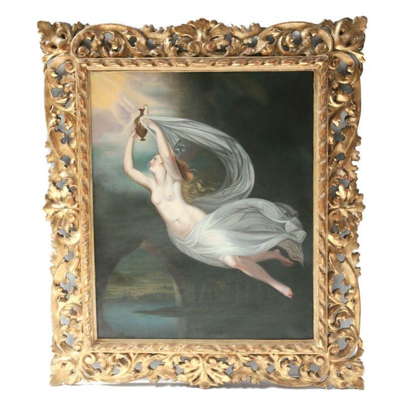 Continental Oil on Canvas Painting, Iris Goddess of the Rainbow, 18th Century

A stunning Continental oil on canvas painting, Iris Goddess of the Rainbow, Greek Mythology, 18th Century. The painting depicts a partially nude beauty holding an ewer