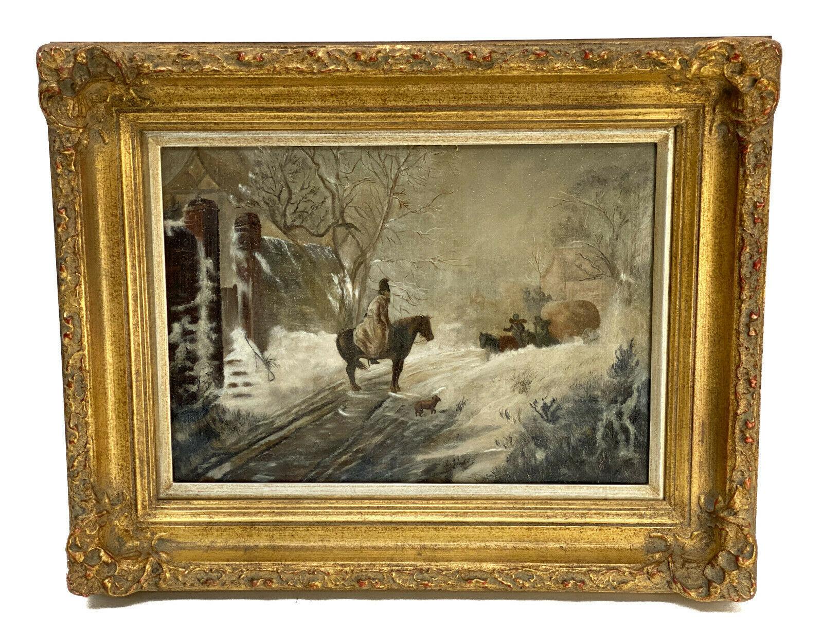 Continental oil on canvas painting snowing Equestrian Scene, 19th century.

The painting depicts an equestrian awaiting the arrival of a chariot against a wintery snow landscape. Artist signed to the lower edge- possibly Wykoff. In a gilt carved