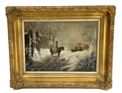 Continental Oil on Canvas Painting Snowing Equestrian Scene, 19th Century