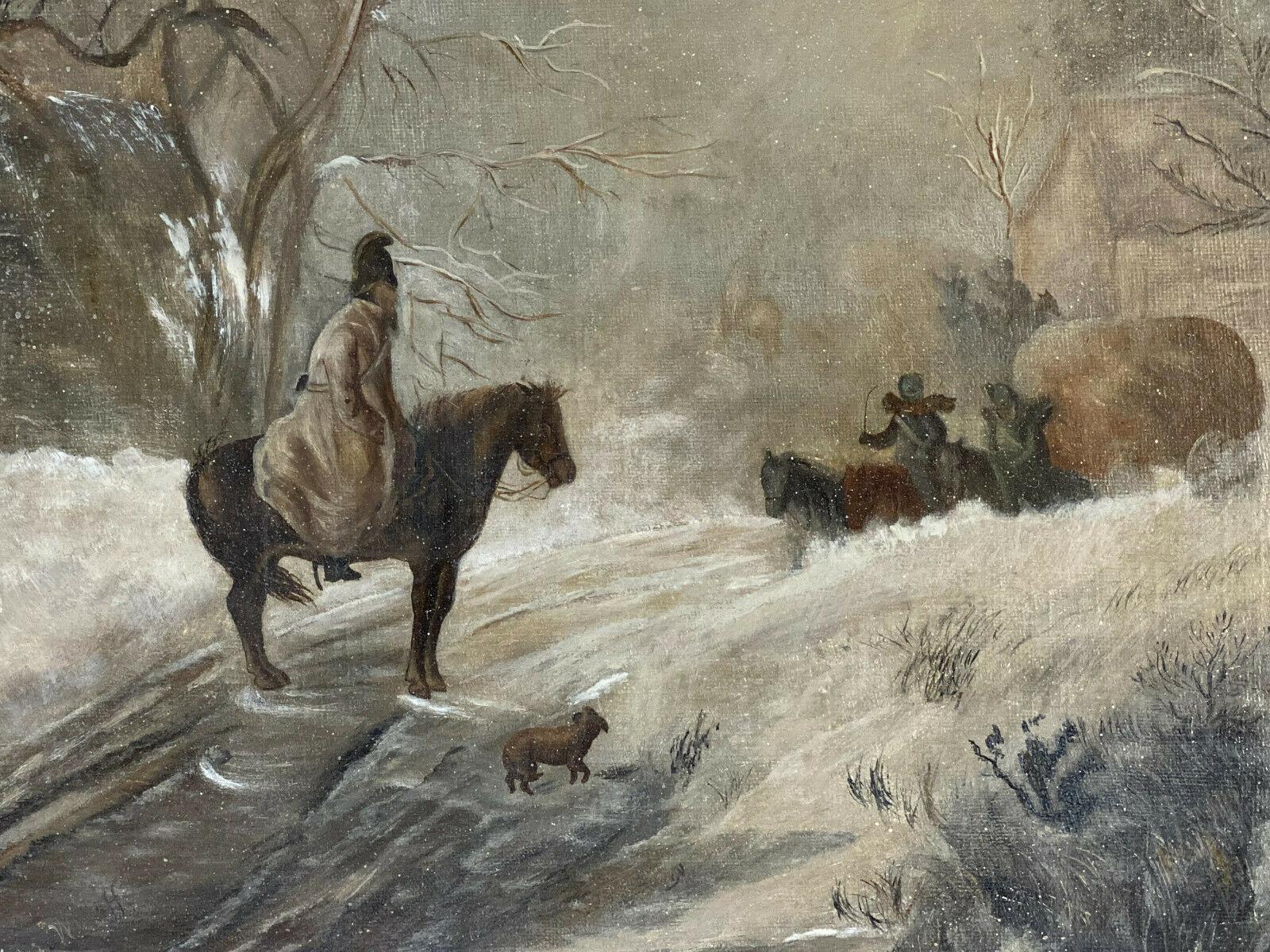 European Continental Oil on Canvas Painting Snowing Equestrian Scene, 19th Century For Sale