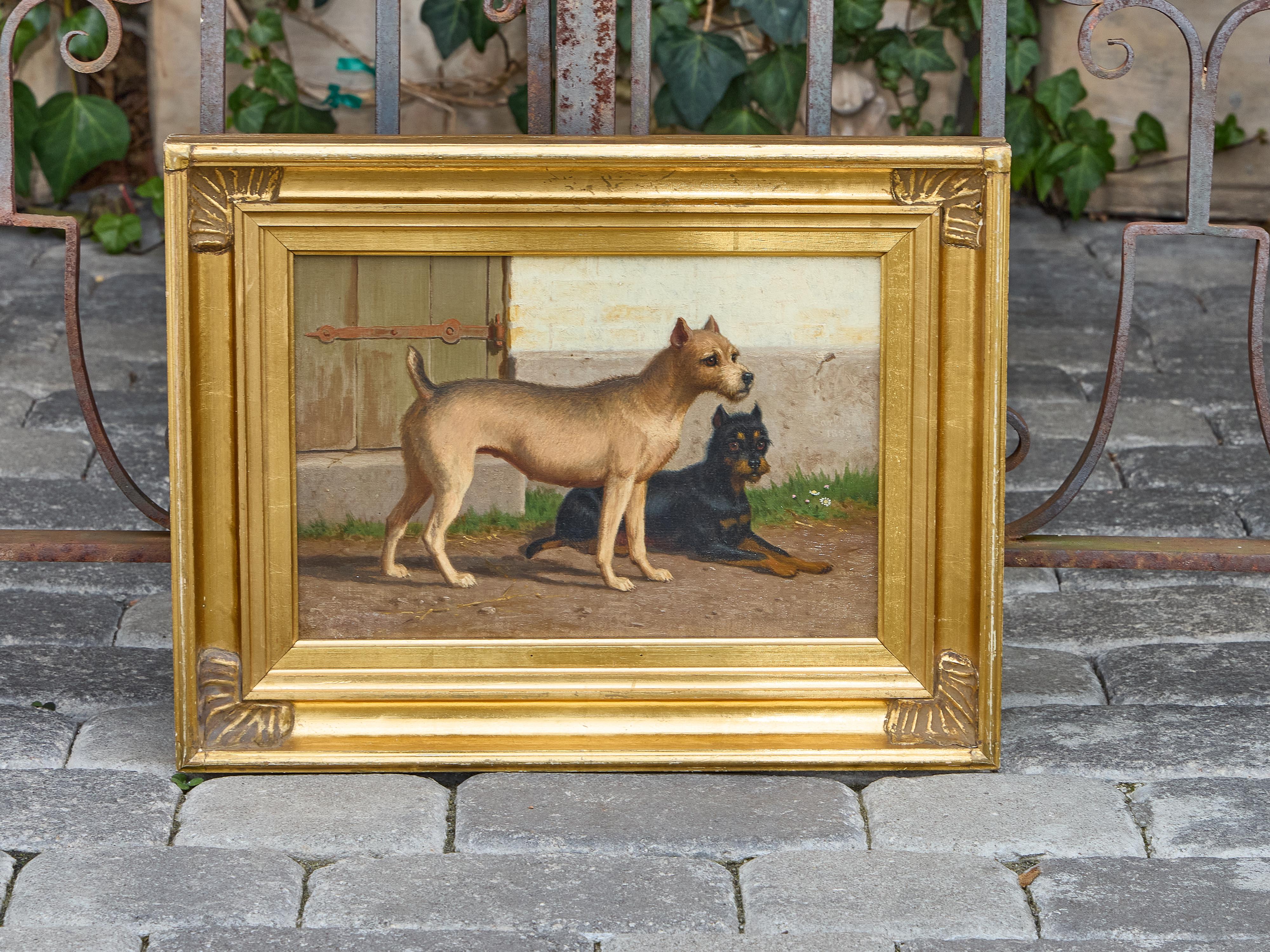 Peinture à l'huile continentale de deux chiens dans la cour, vers 1900 - Cadre doré en vente 6