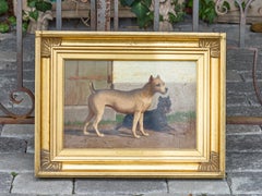 Continental Oil Painting of Two Dogs in Courtyard, circa 1900 - Gilt Frame
