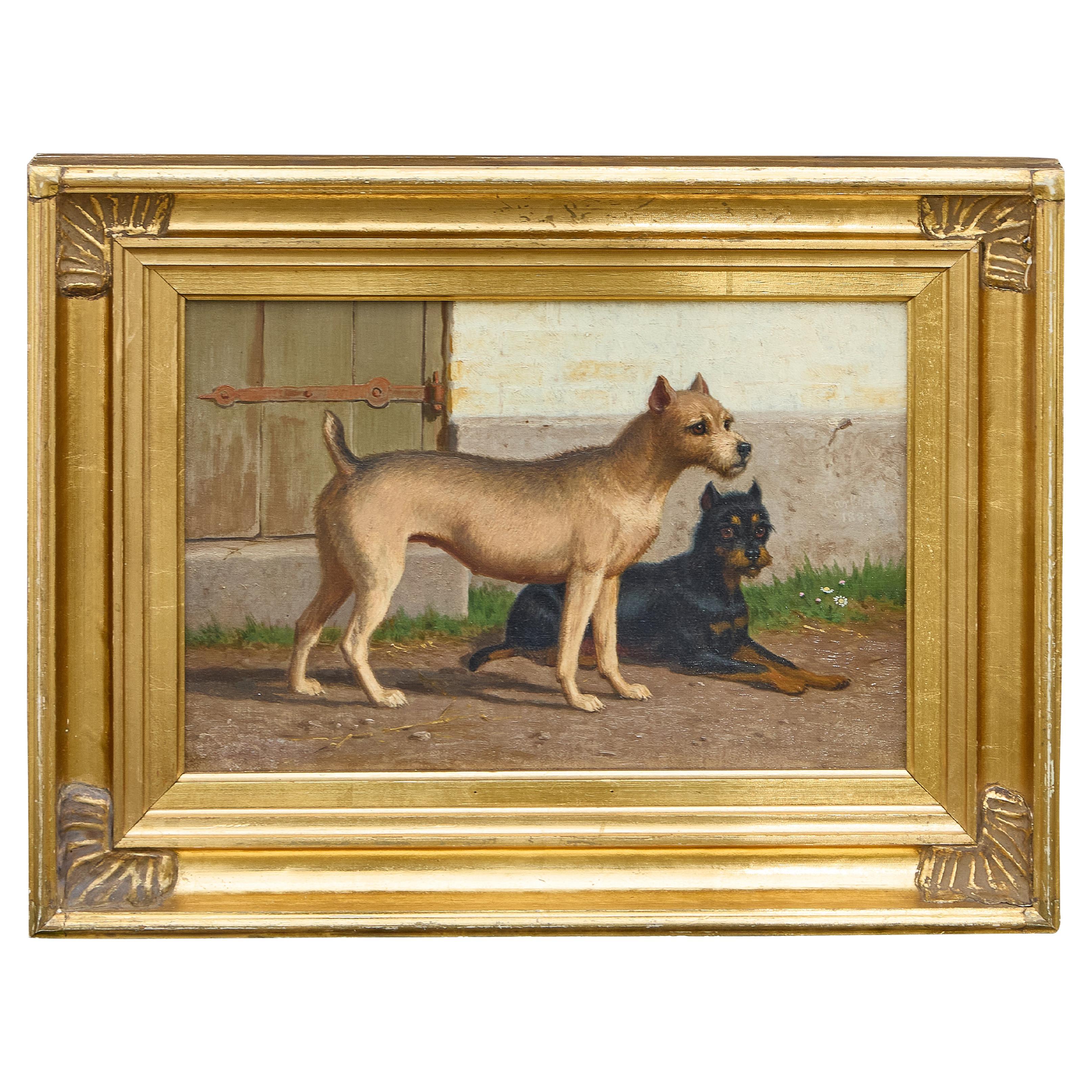 Continental Oil Painting of Two Dogs in Courtyard, circa 1900 - Gilt Frame