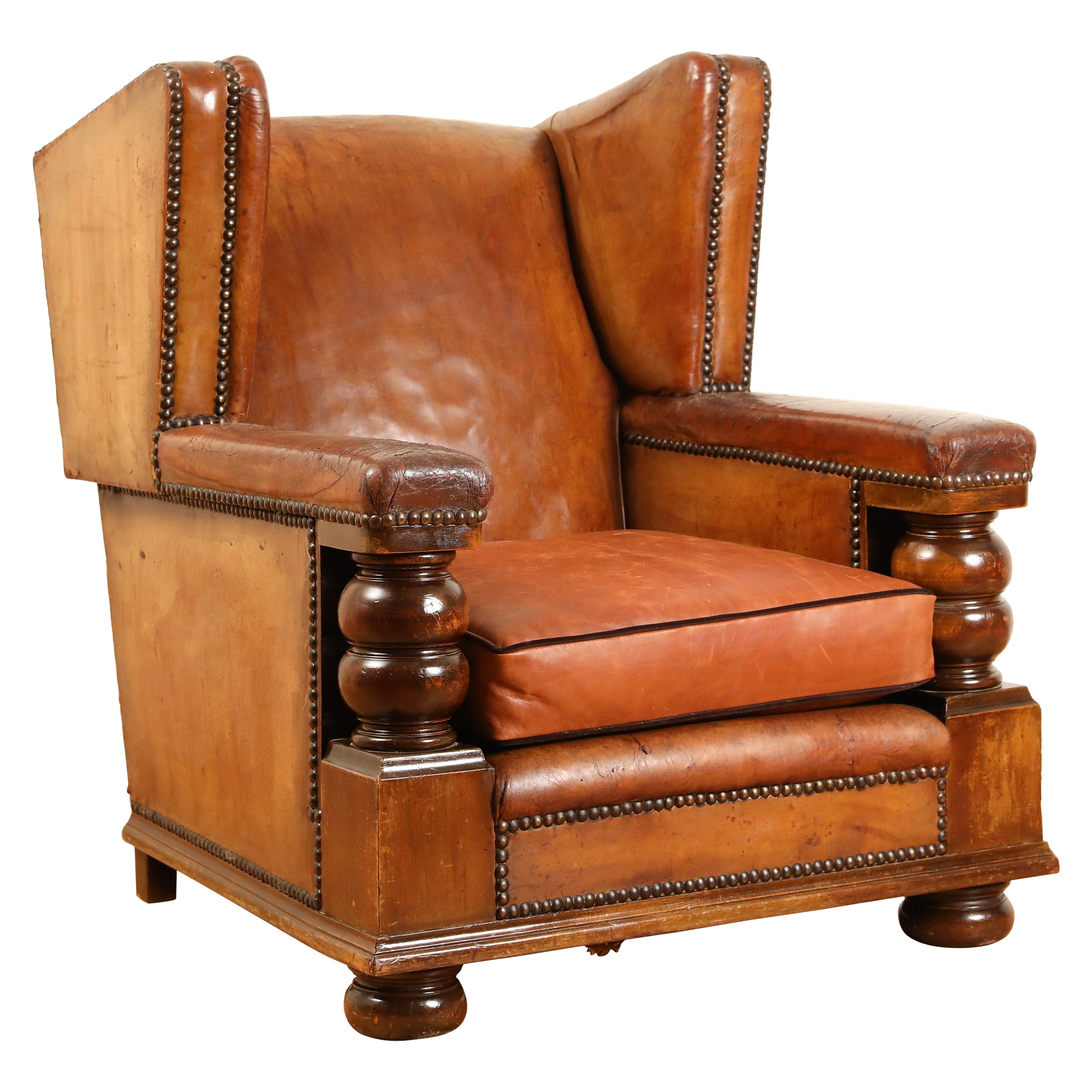 Continental Oversized Leather and Turned Wood Club Chair, mid 20th century