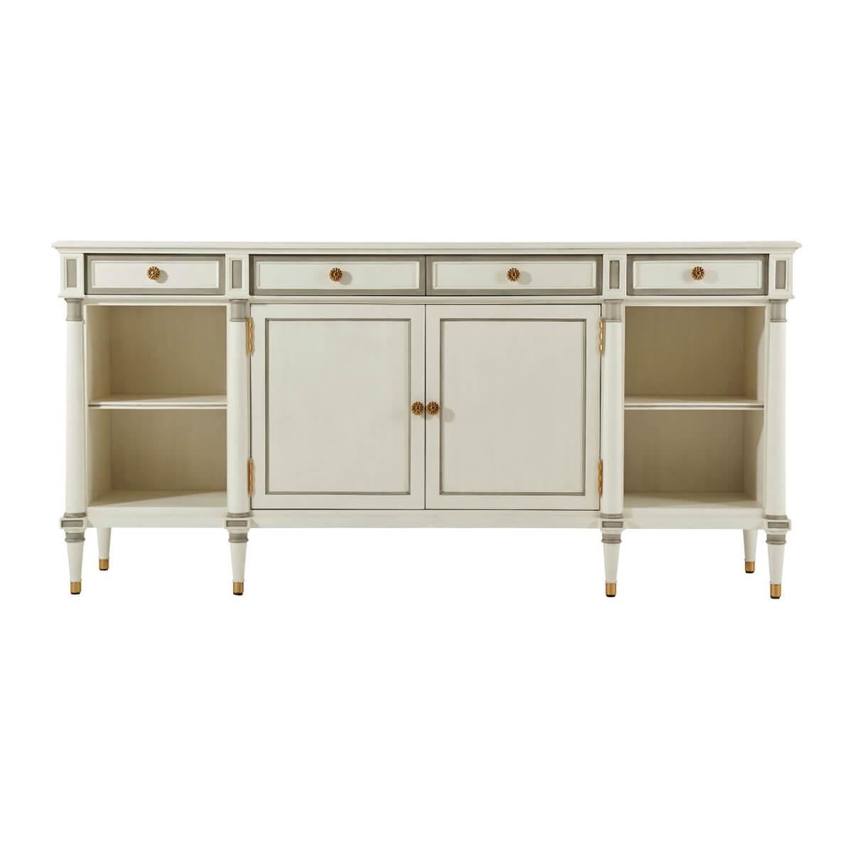 A modern spin on the traditional buffet cabinet. There’s storage aplenty with four frieze drawers, two center doors opening to interior shelves, plus open storage on buffet sides. Doric pilasters flow into turned, tapered legs capped in