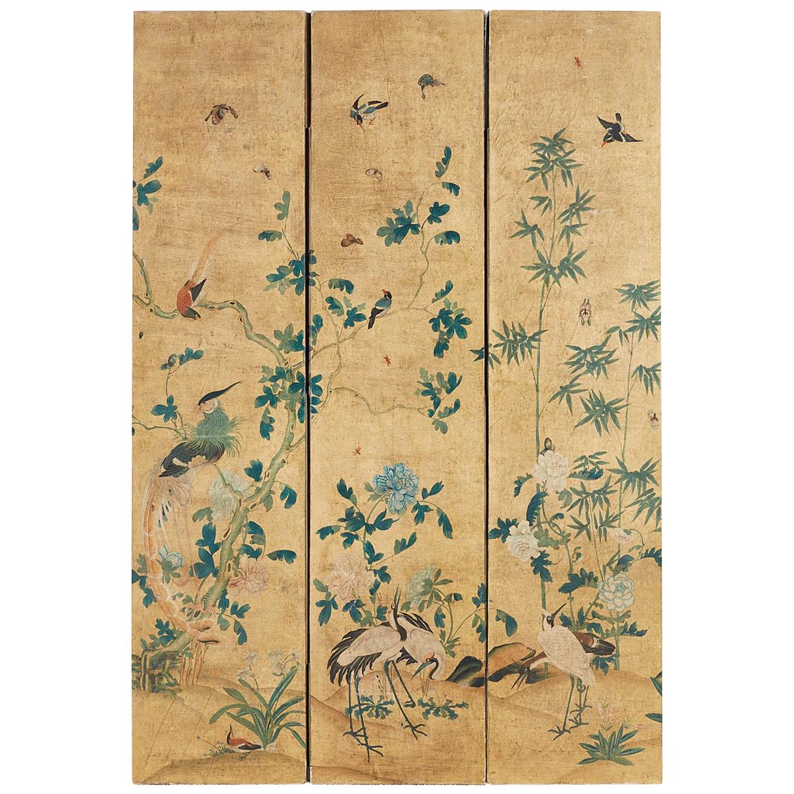 Continental Painted Chinoiserie Wallpaper Screen with Decoupage at 1stDibs