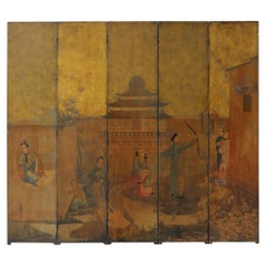 Continental Painted Five-Panel Chinoiserie Folding Screen