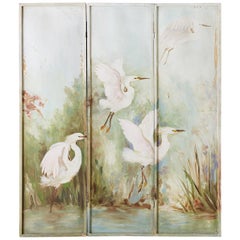 Continental Painted Folding Screen of Four Cranes